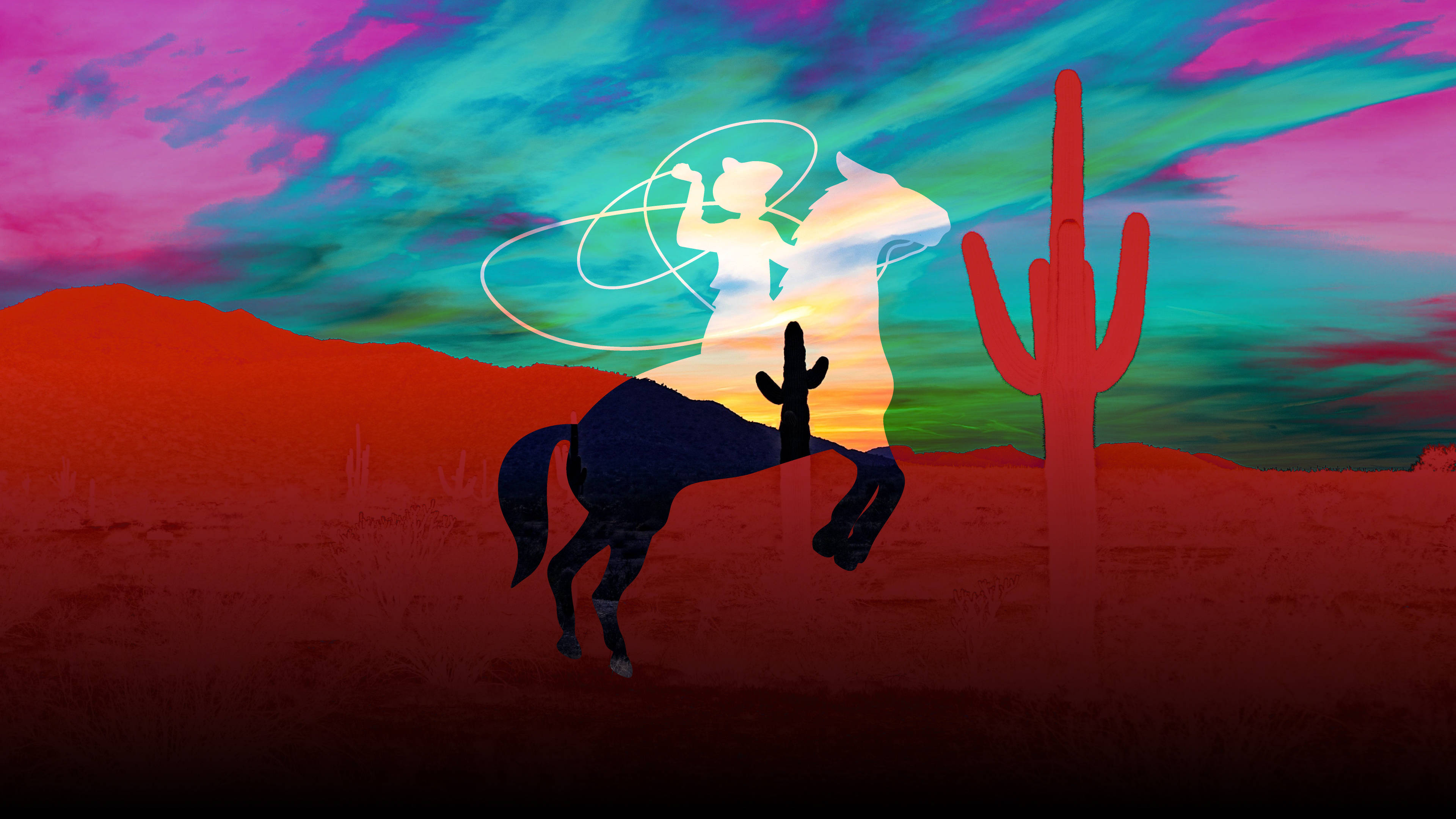 Cowboy 桌布 壁紙 — 一個發光的牛仔剪影騎著一匹尥蹶子的馬，背景是超現實的日落天空，有充滿活力的粉紅色和藍綠色雲彩以及紅色沙漠地形。