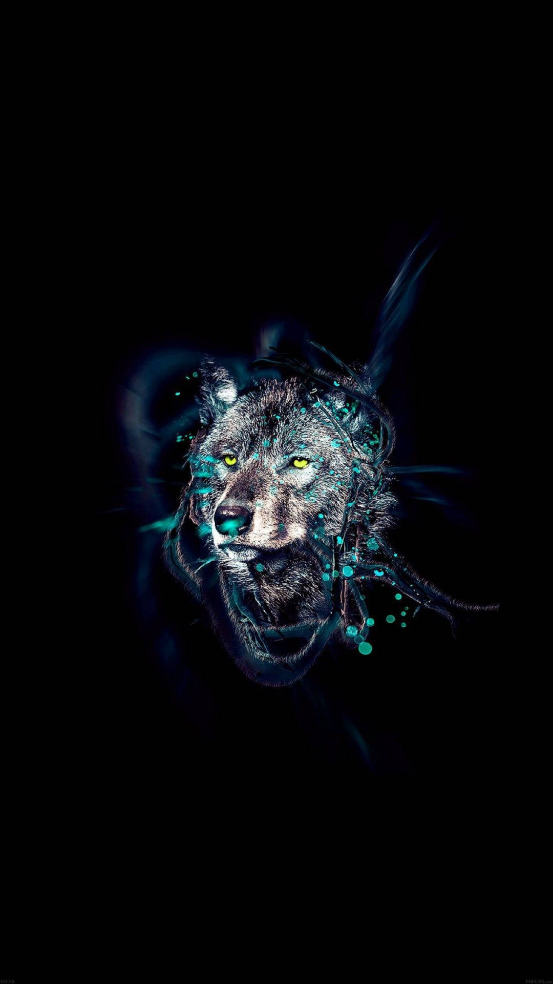AMOLED 桌布 壁紙 — 一個發光的狼頭，帶有電光藍色粒子和銳利的黃色眼睛，在純黑色背景上。