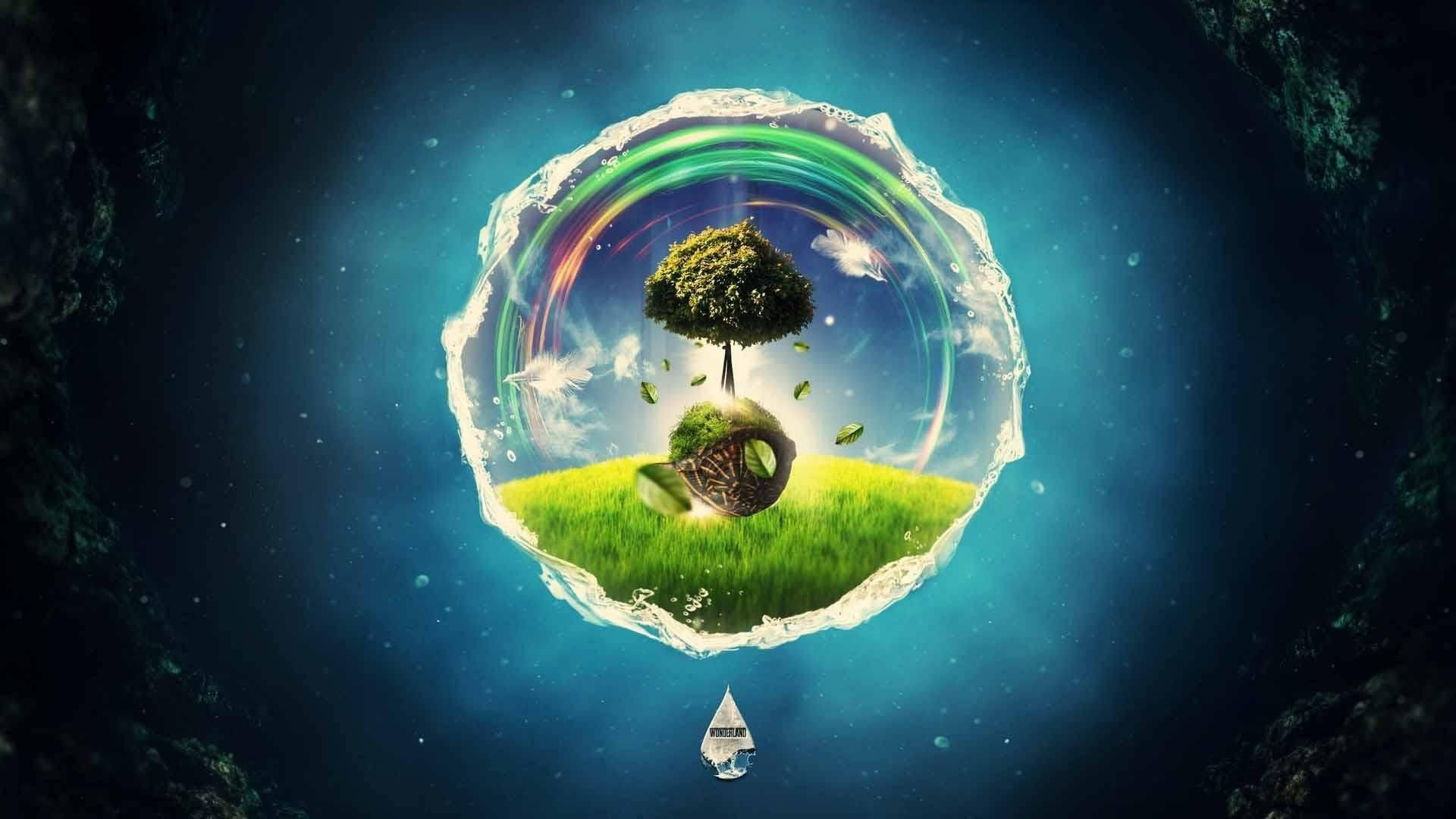 酷炫桌面 桌布 壁紙 — 一個發光的玻璃球體懷抱著一個在草地島嶼上的翠綠樹木，伴隨著落葉和彩虹光環，背景是宇宙藍色。