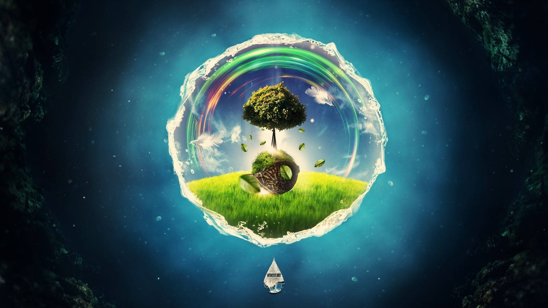 一個發光的玻璃球體包含一棵樹和草地，在宇宙天空下，有落葉和下方的一滴雨滴。 — 3D 桌面 GIF 壁紙