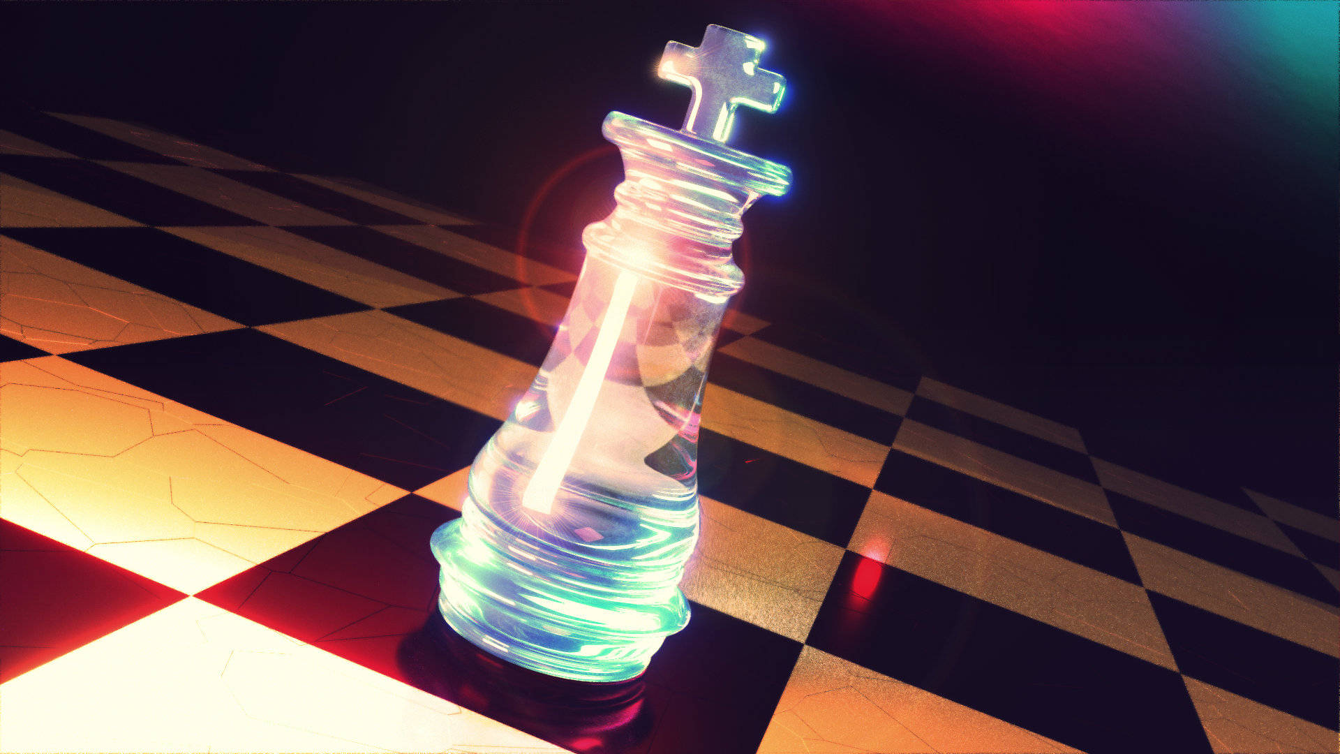 game 桌布 壁紙 — 一個發光的玻璃西洋棋國王直立於一個沐浴在鮮豔霓虹燈光中的棋盤上。