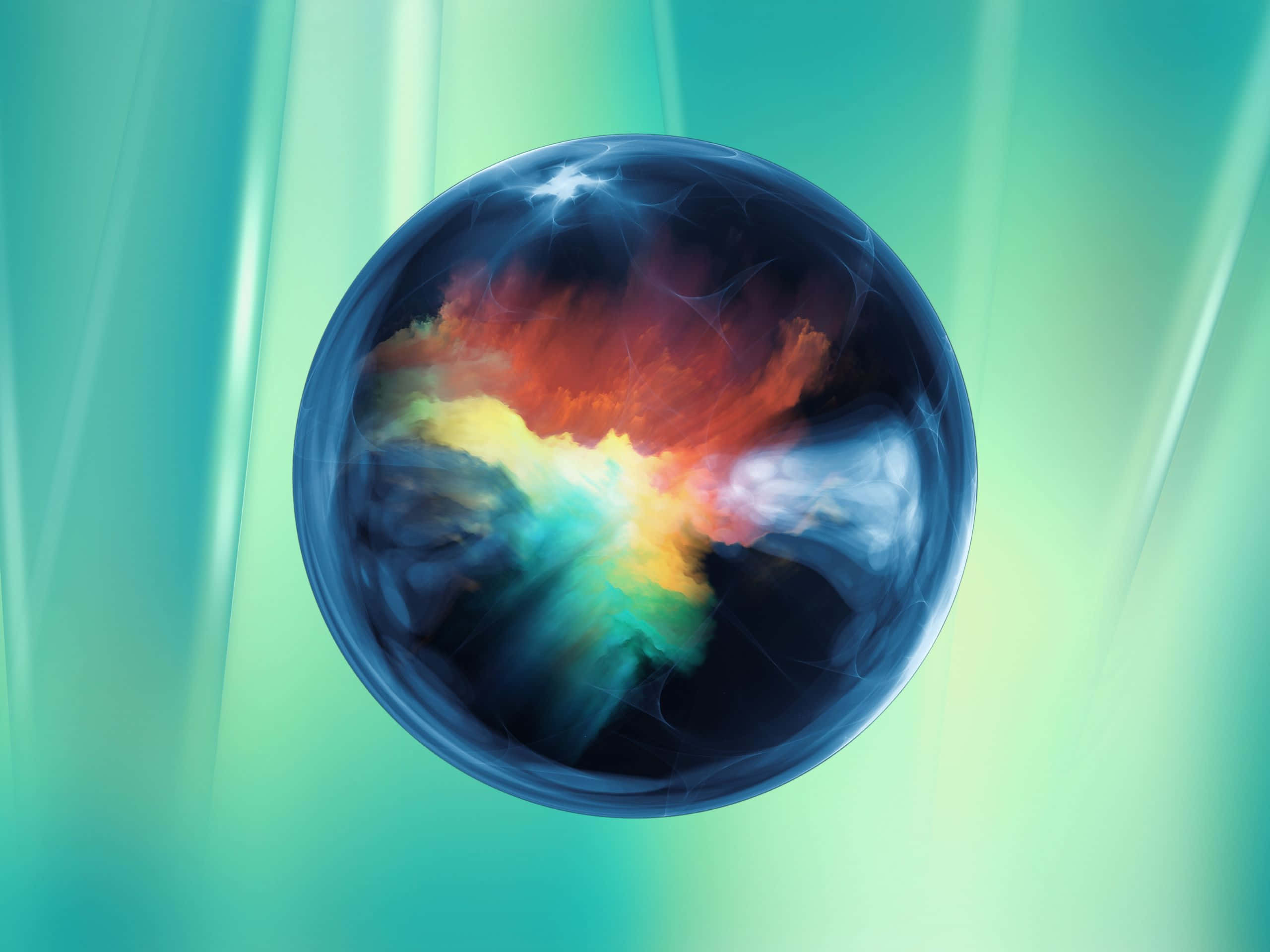 2560x1920 桌布 壁紙 — 一個發光的球體包含旋轉的宇宙色彩，背景是青綠色的漸變色。