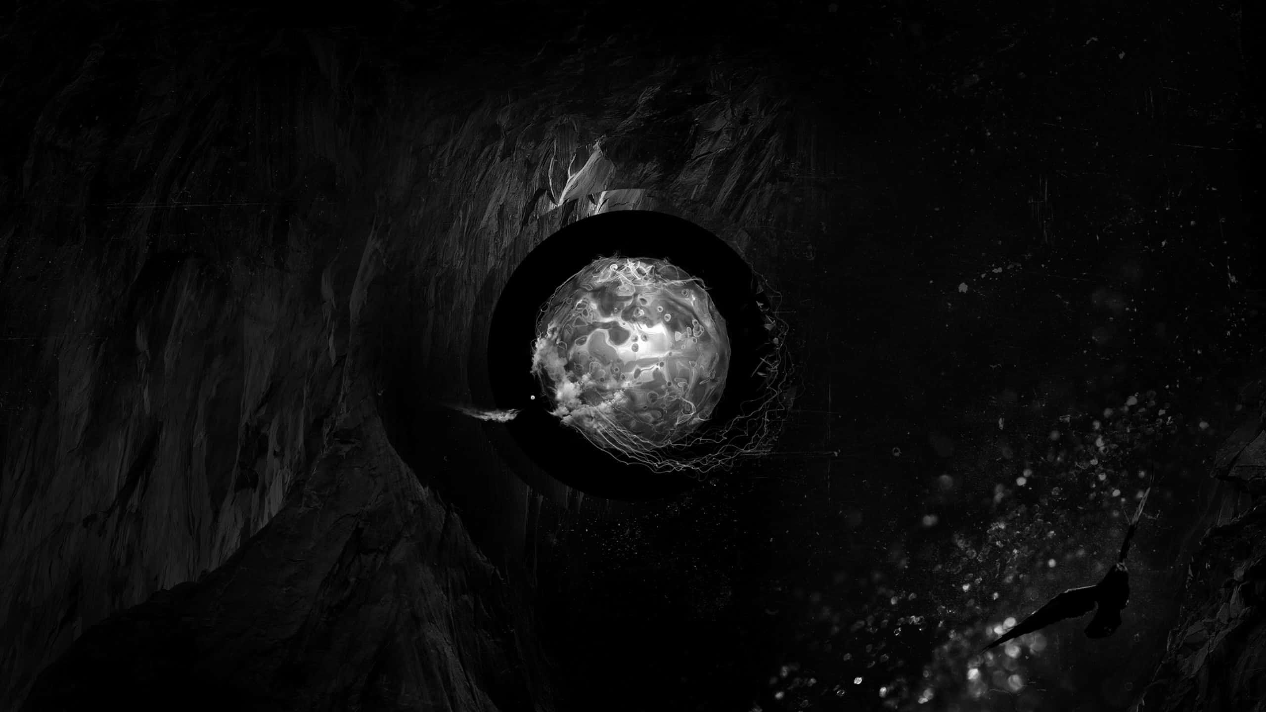 shadow 桌布 壁紙 — 一個發光的球體在黑暗的隧道中脈動，一隻蝙蝠在單色黑暗中飛過。