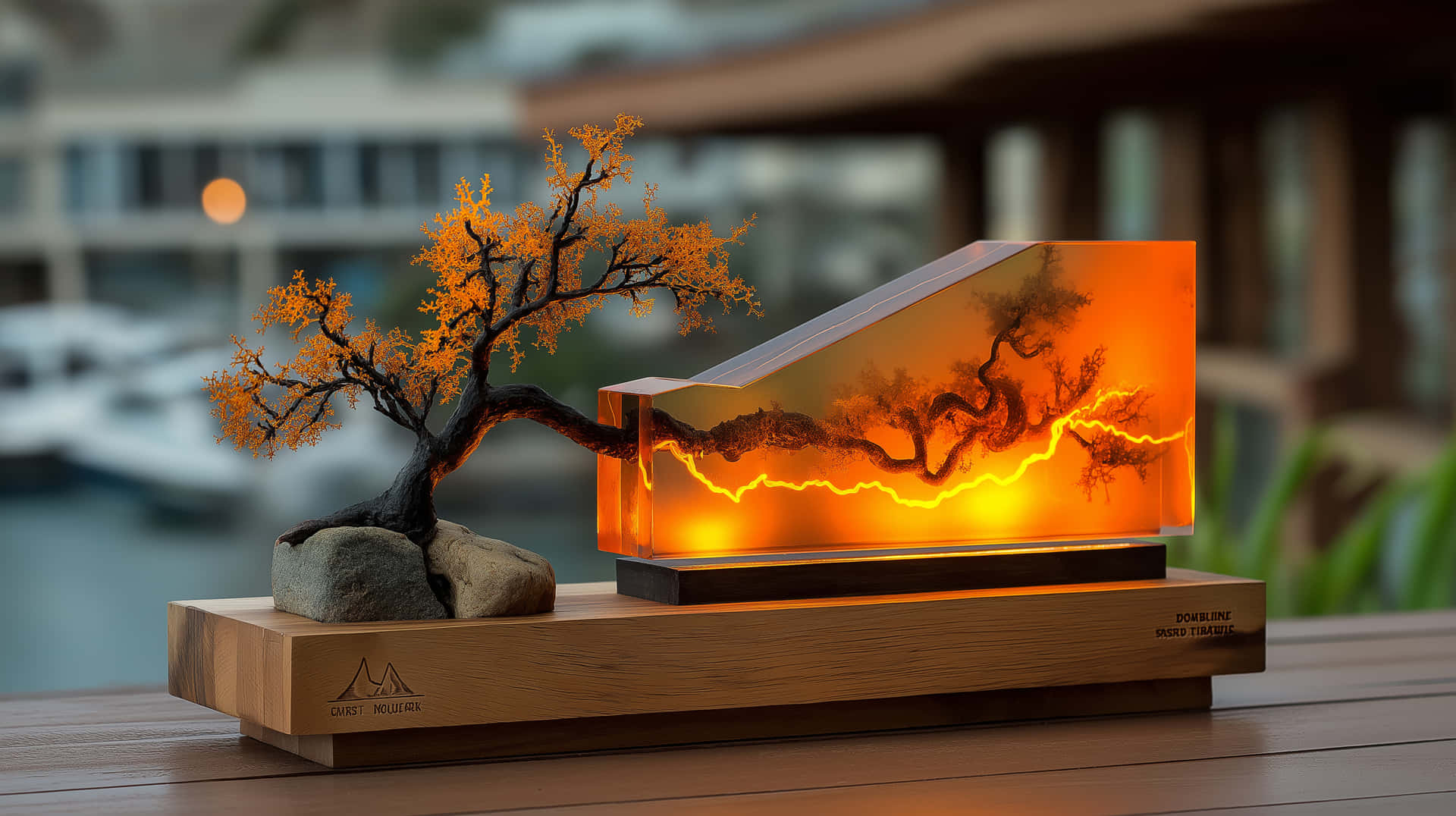 Lichtenberg Figure Tree Art with Orange Glow Display 壁紙 — 一個發光的琥珀色閃電設計燈座，旁邊有一個迷你橙色葉子盆景樹在木底座上。