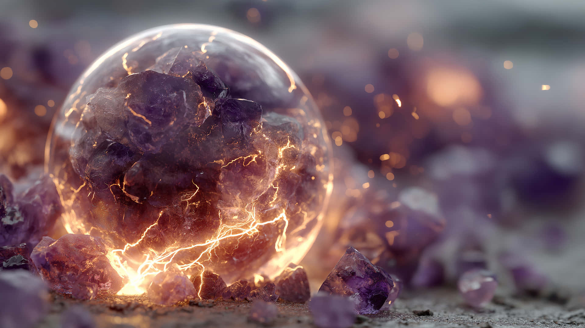 Energetic Crystal Sphere with Cracks and Internal Glow 壁紙 — 一個發光的琥珀色閃電風暴在透明球體內劈啪作響，球體放置在紫色紫水晶晶體上。