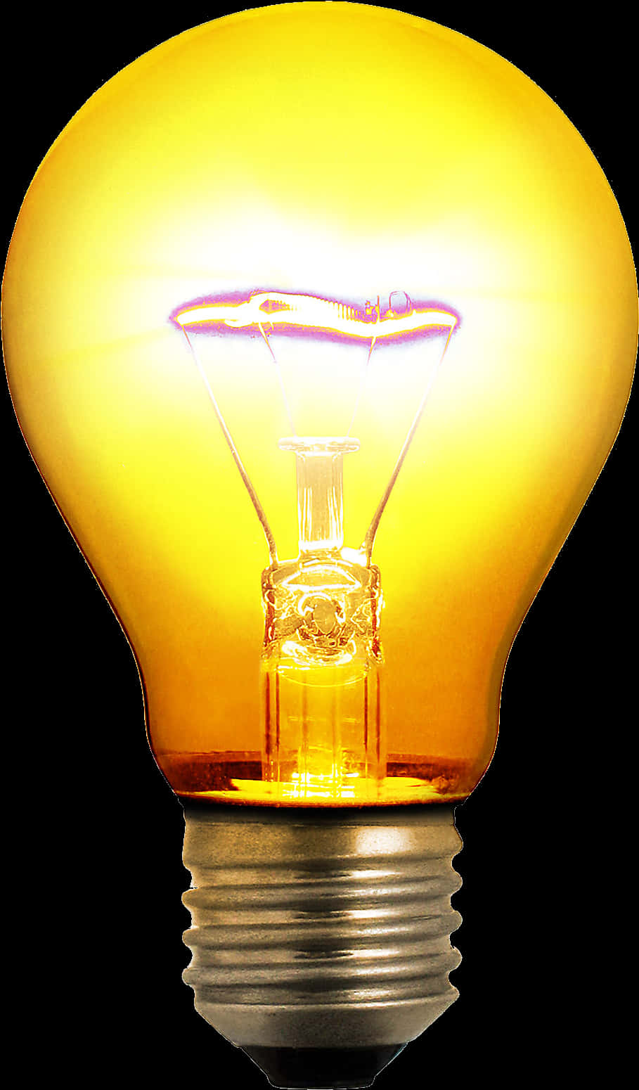 Bulb 桌布 壁紙 — 一個發光的白熾燈泡，帶有溫暖的黃色光線和可見的燈絲，背景為黑色。