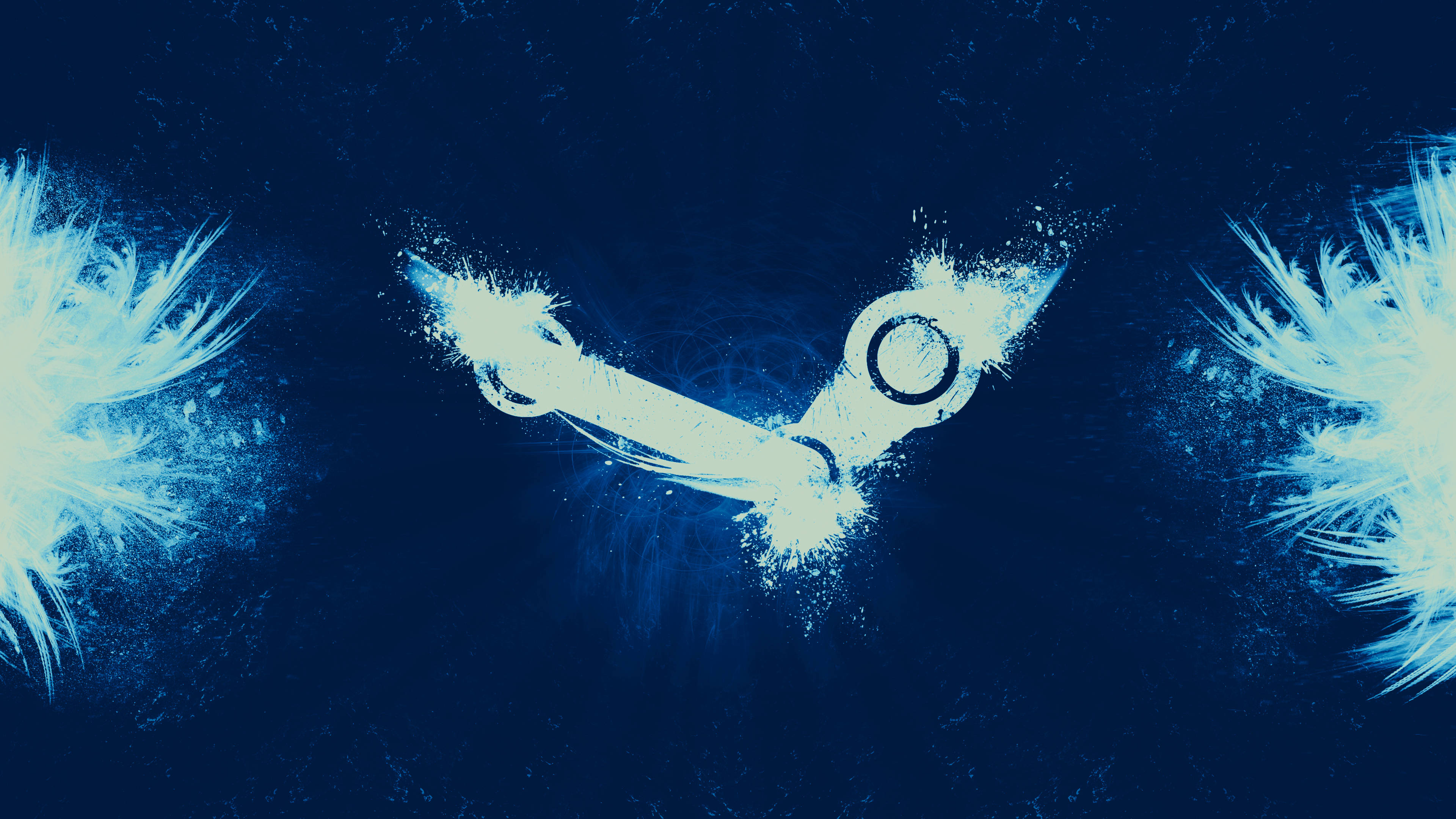 4K 桌布 壁紙 — 一個發光的白色 Steam 標誌在深藍色紋理背景上爆開，兩側帶有冰霜羽毛狀的爆發。
