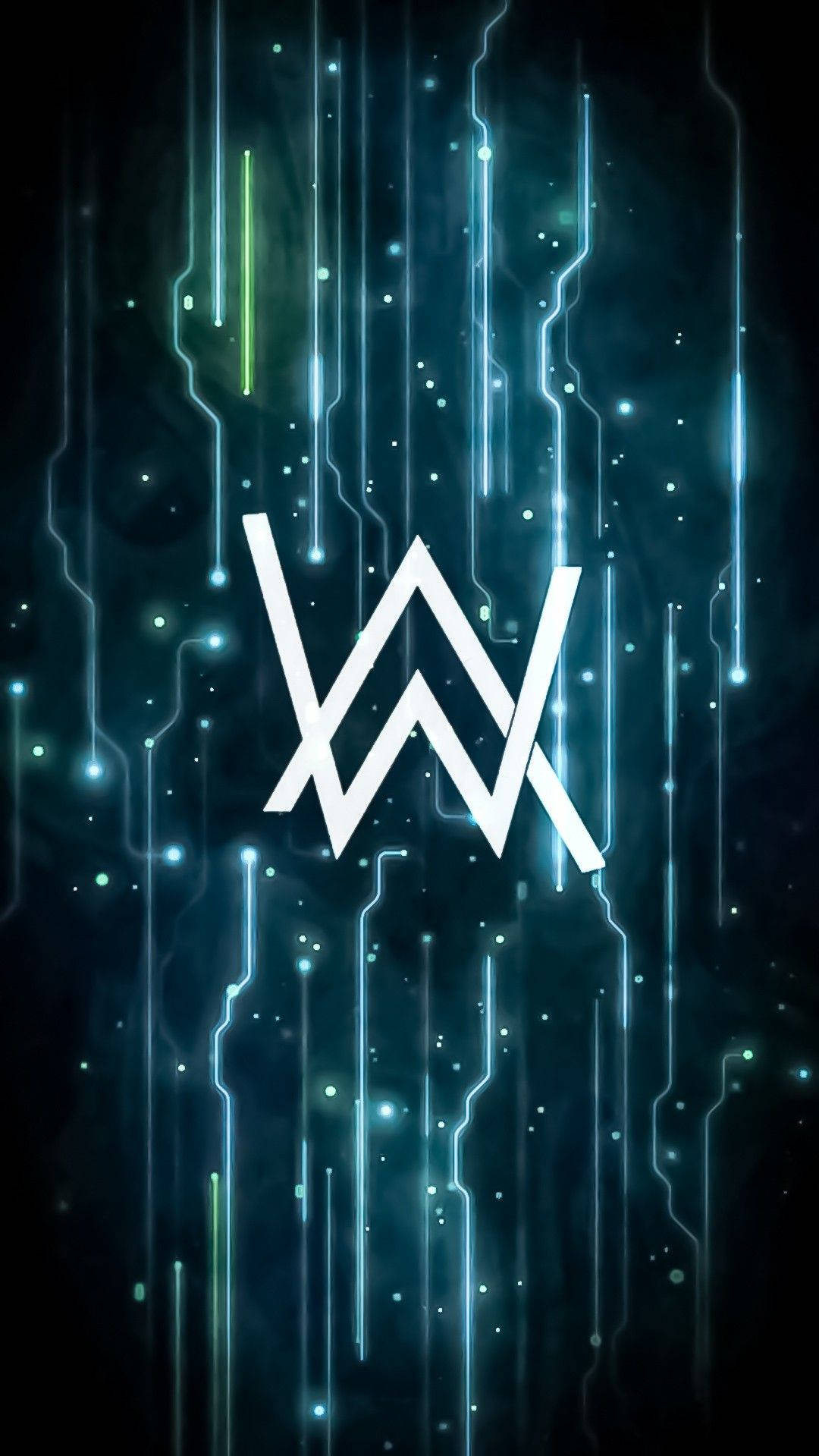 深色背景上帶有霓虹電路線條的發光白色「W」標誌。 — 藍色抽象 壁紙