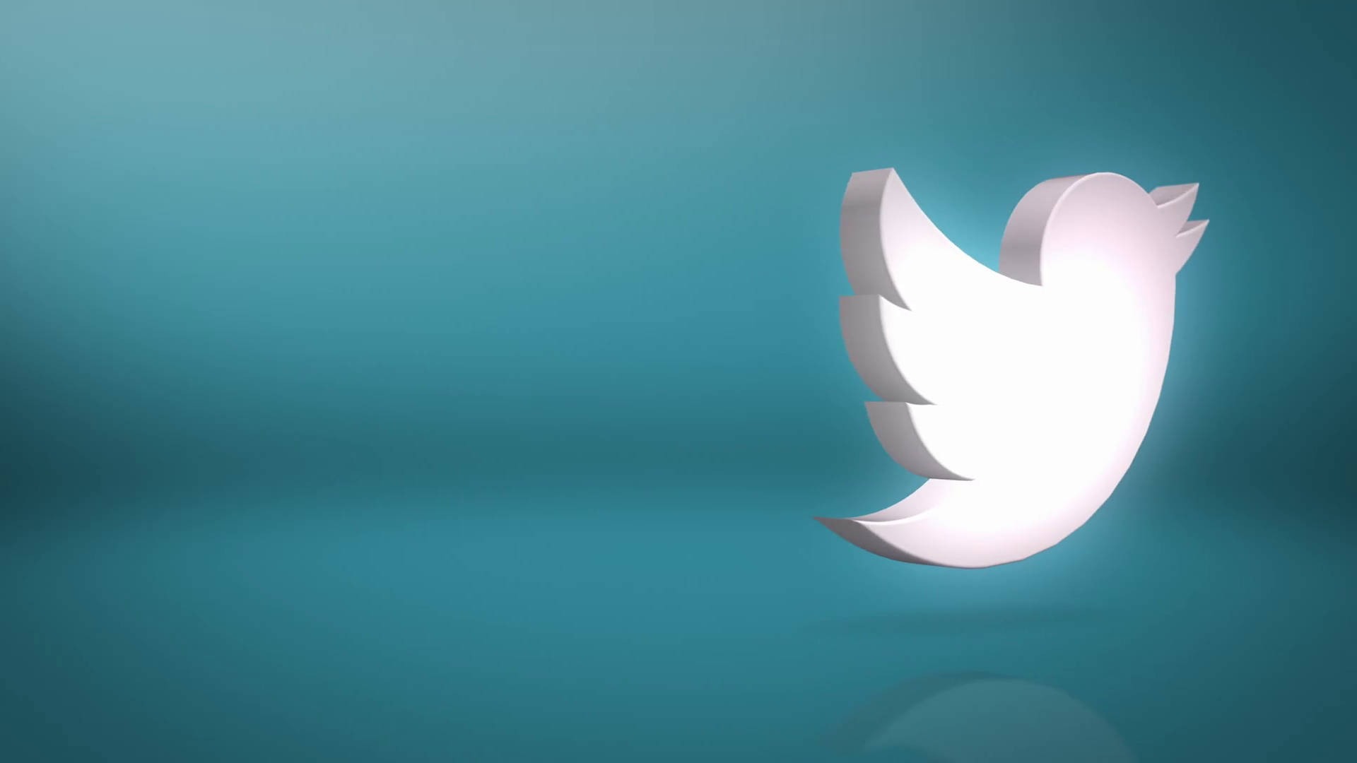 Twitter 桌布 壁紙 — 一個發光的白色3D Twitter鳥標誌漂浮在平滑的藍綠色漸變背景上，帶有柔和反射。