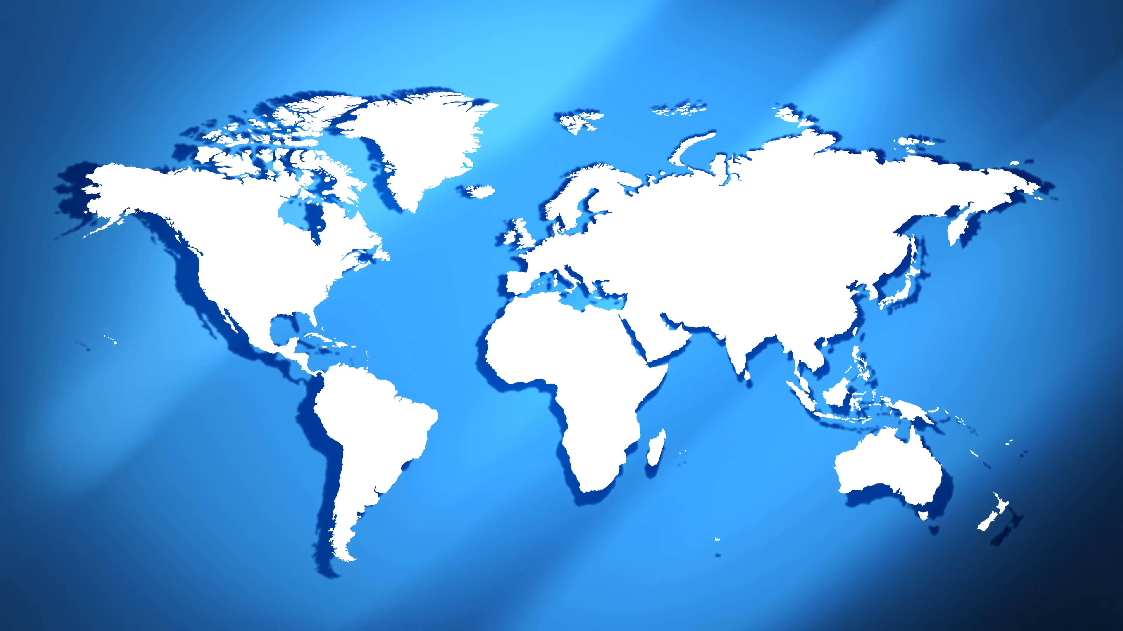 United States Map 桌布 壁紙 — 一個發光的白色3D世界地圖剪影在帶有柔和光線的漸變藍色背景上脫穎而出。