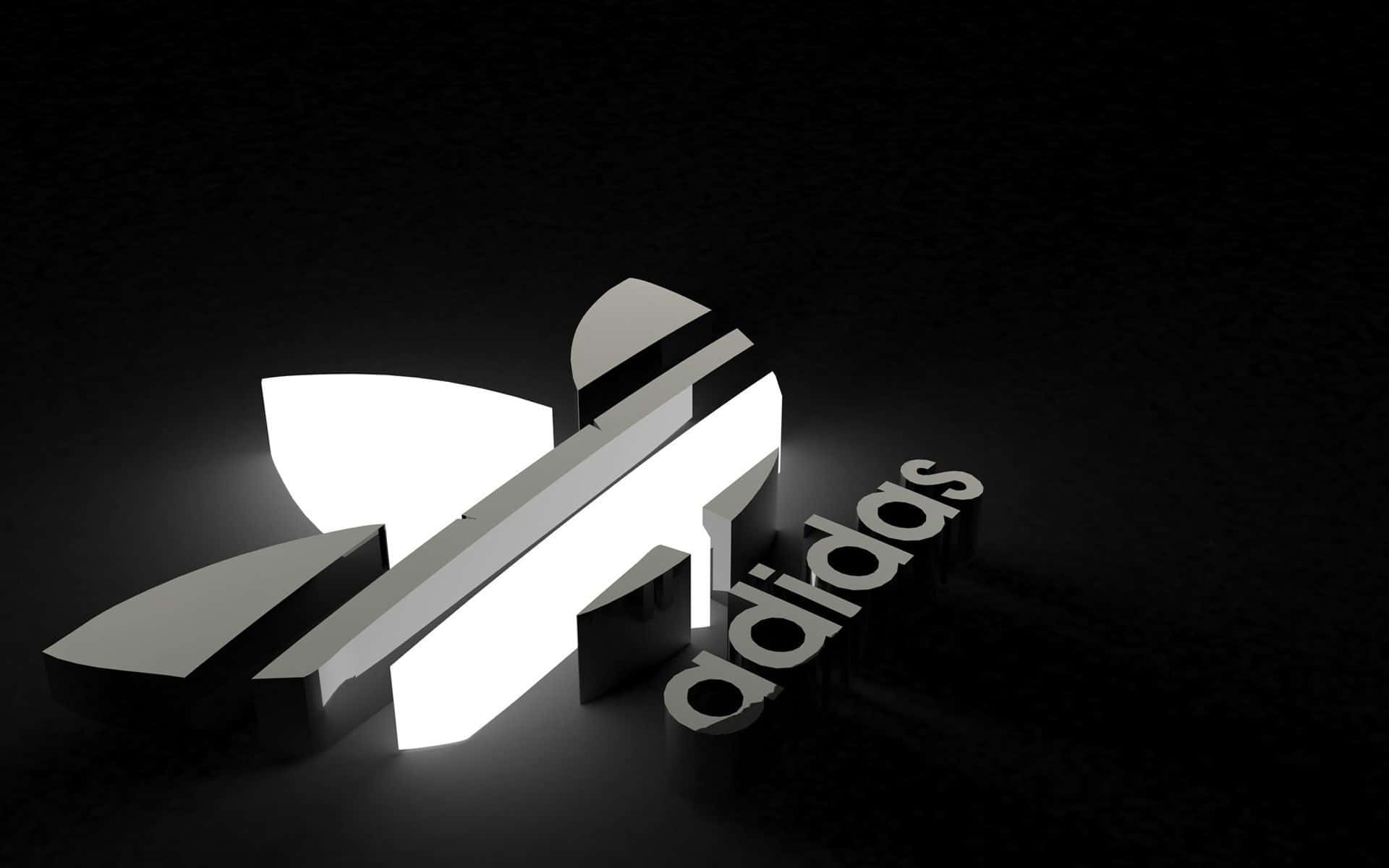 愛迪達 桌布 壁紙 — 一個發光的白色Adidas標誌，帶有三條紋和品牌名稱，在深色紋理背景上脫穎而出。