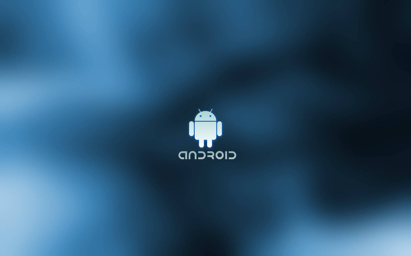 安卓 桌布 壁紙 — 一個發光的白色Android機器人標誌，居中在漸變藍色模糊背景上。