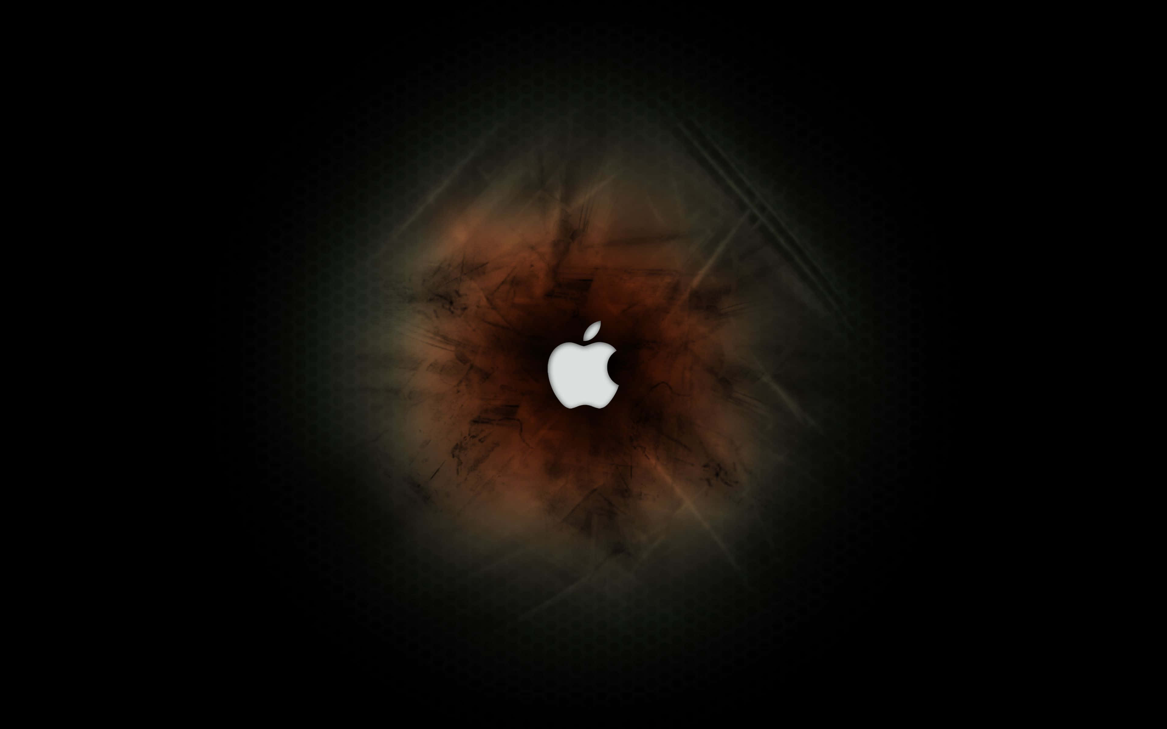 4K Apple 桌布 壁紙 — 一個發光的白色Apple標誌位於黑暗隧道中央，帶有溫暖的棕色煙霧和向外輻射的光線。