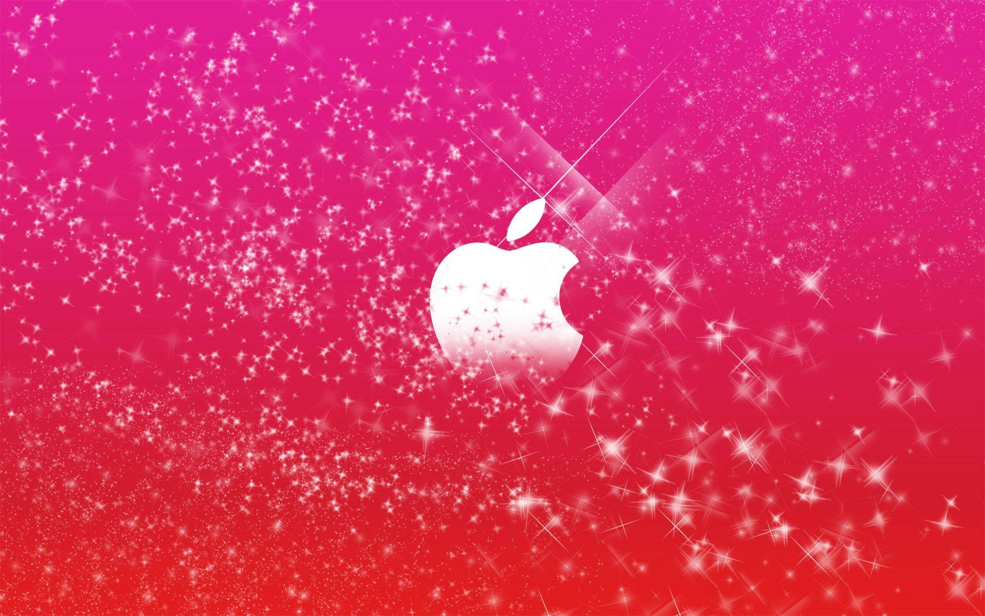 粉色亮片 桌布 壁紙 — 一個發光的白色Apple標誌漂浮在閃爍的星星之間，背景是充滿活力的粉紅到紅色漸變。