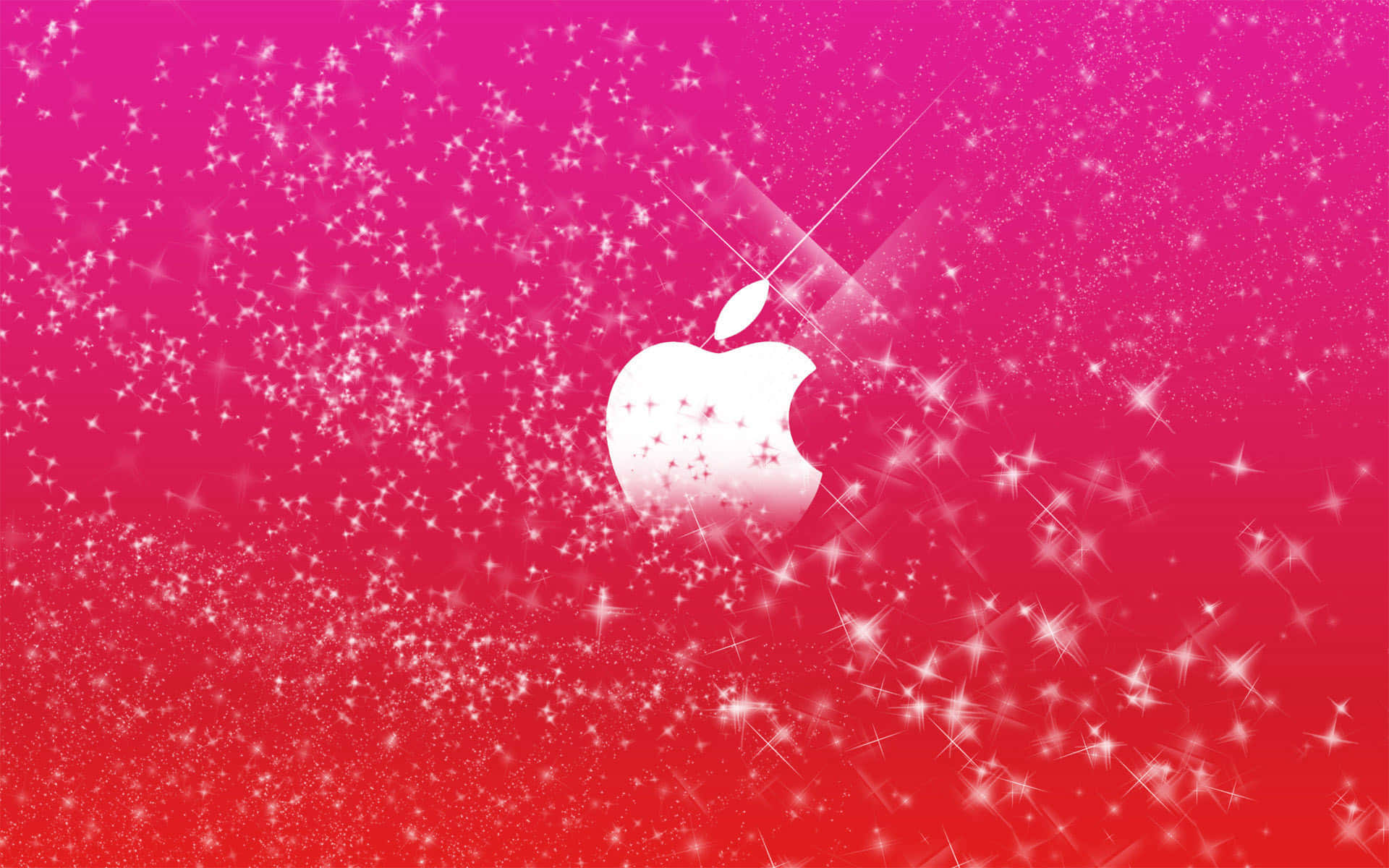 少女風 桌布 壁紙 — 一個發光的白色Apple標誌漂浮在閃爍的星星之間，背景是充滿活力的粉紅到紅色漸變。