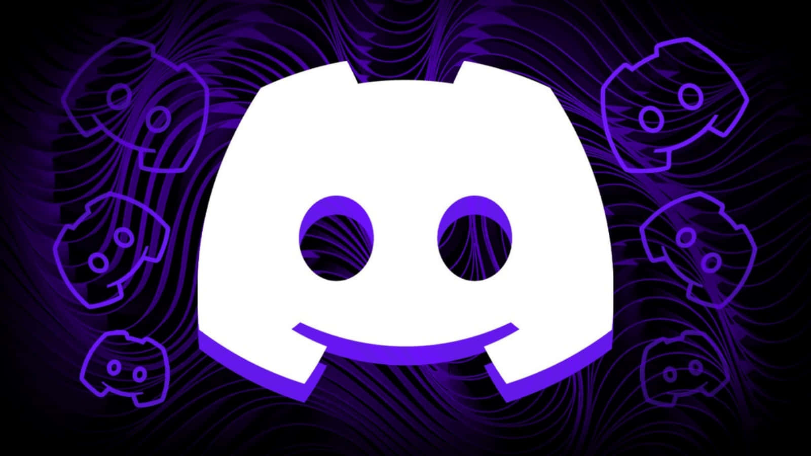 Discord 桌布 壁紙 — 一個發光的白色Discord標誌，帶有紫色輪廓，漂浮在帶有旋轉紫色圖案和漂浮較小標誌的深色背景上。
