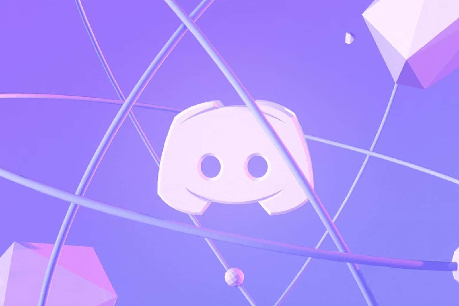 Discord 桌布 壁紙 — 一個發光的白色Discord標誌漂浮在浮動的幾何形狀和交錯的霓虹線條之間，背景是柔和的紫色漸層。