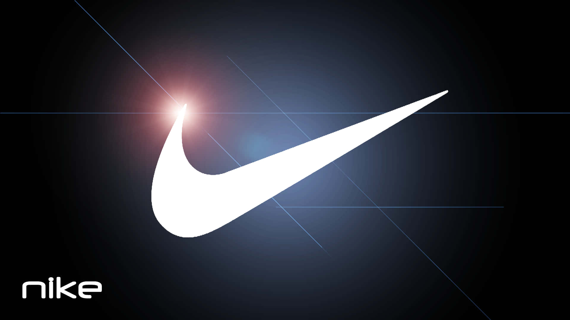 Nike 桌布 壁紙 — 一個發光的白色Nike勾勾標誌在帶有微妙藍線的深色漸變背景上散發光芒。