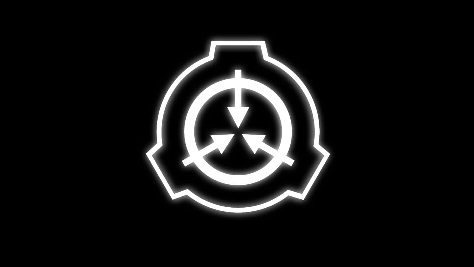SCP 桌布 壁紙 — 一個發光的白色SCP Foundation標誌，居中於純黑色背景上，帶有銳利的幾何線條。