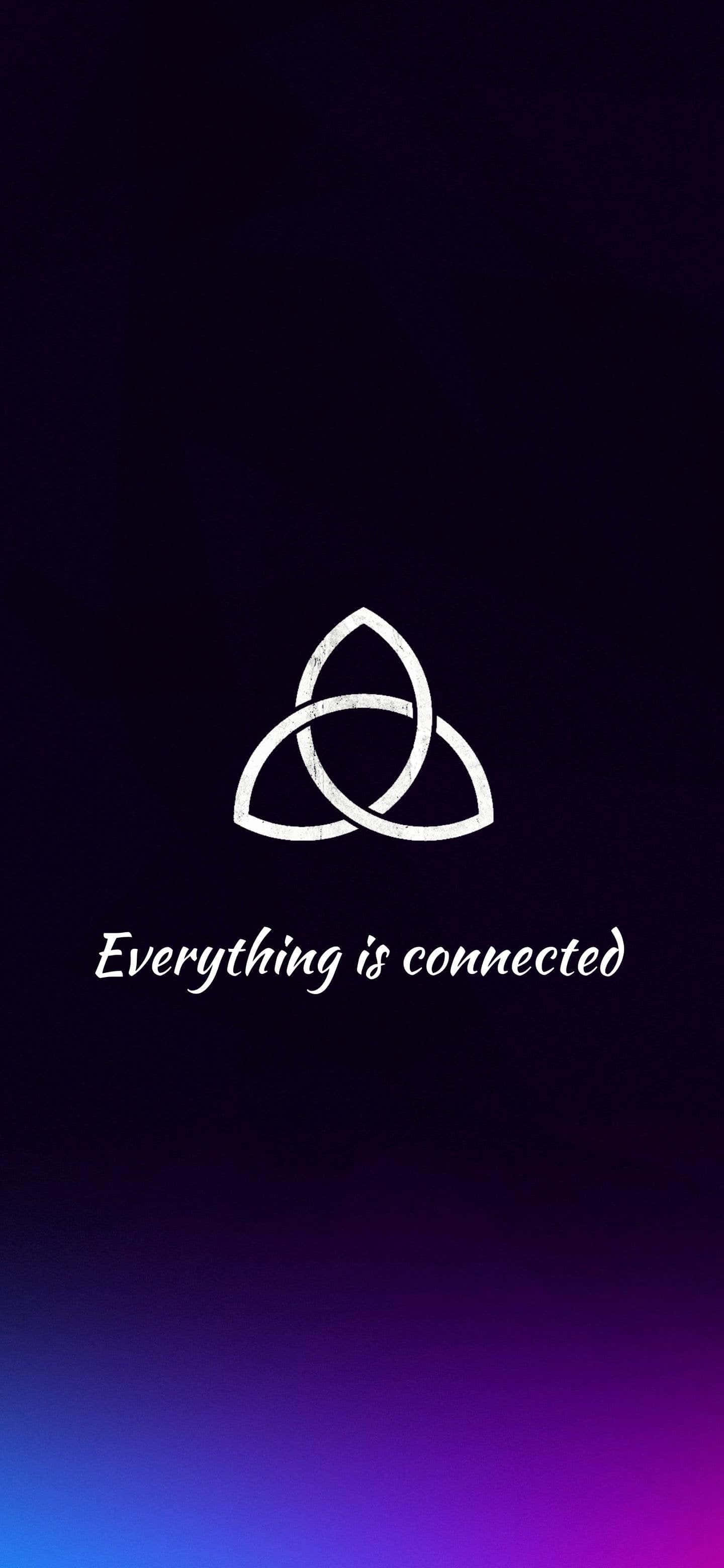 connected 桌布 壁紙 — 一個發光的白色三曲結符號漂浮在從深紫色漸變到電光藍的黑暗天空背景上。