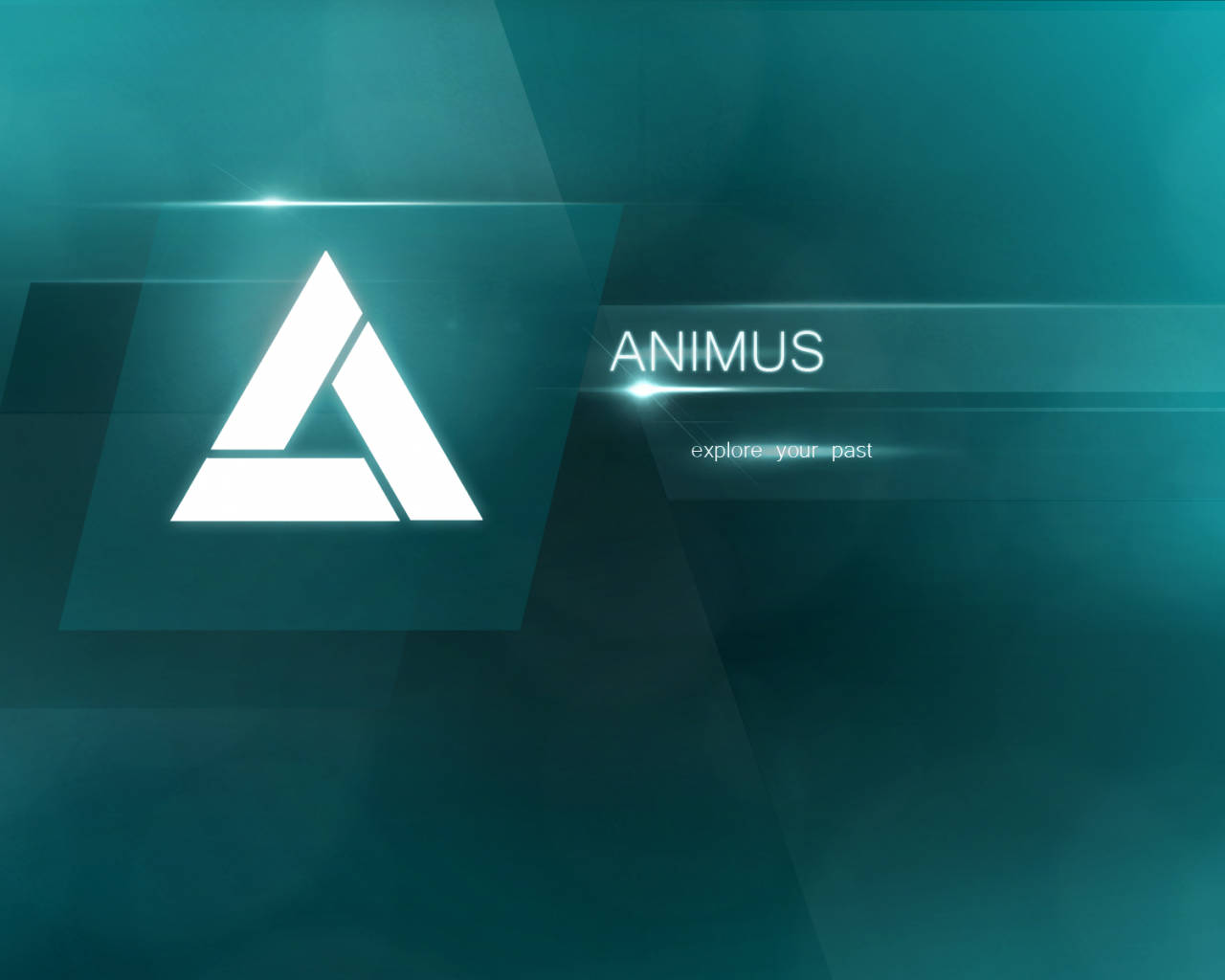 A 桌布 壁紙 — 一個發光的白色三角形標誌和「ANIMUS」文字漂浮在帶有鏡頭光暈的青色漸變背景上。