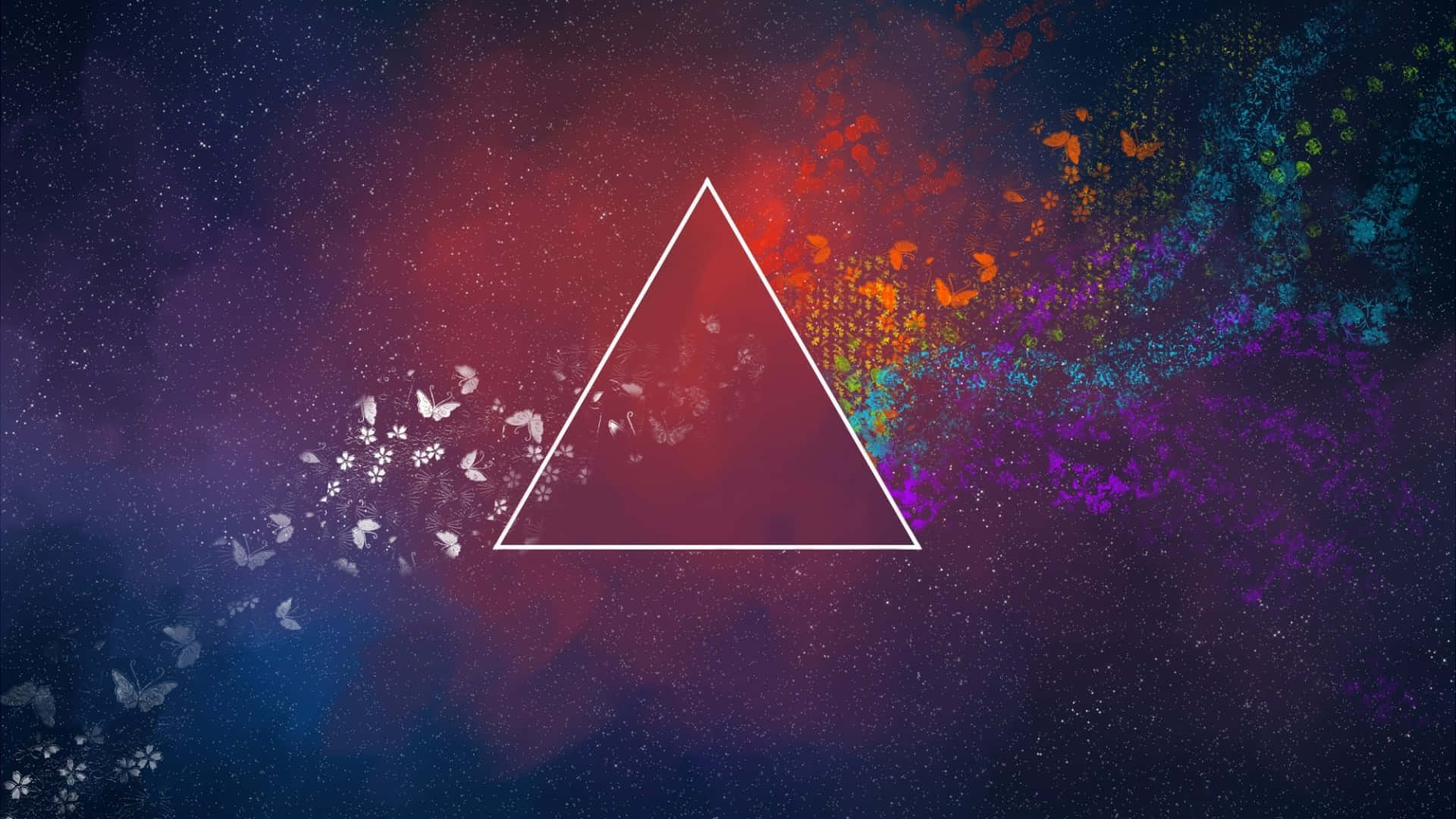 Beautiful Abstract 桌布 壁紙 — 一個發光的白色三角形漂浮在宇宙星雲中，蝴蝶和花朵在鮮豔的紅色、紫色和藍色空間中飄蕩。