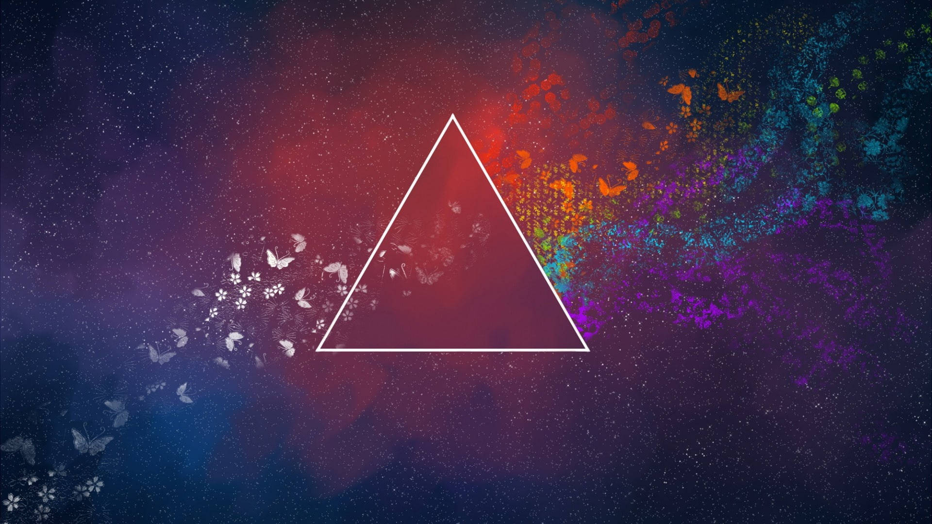 Prism 桌布 壁紙 — 一個發光的白色三角形漂浮在宇宙星雲中，蝴蝶和花卉粒子在它周圍旋轉。