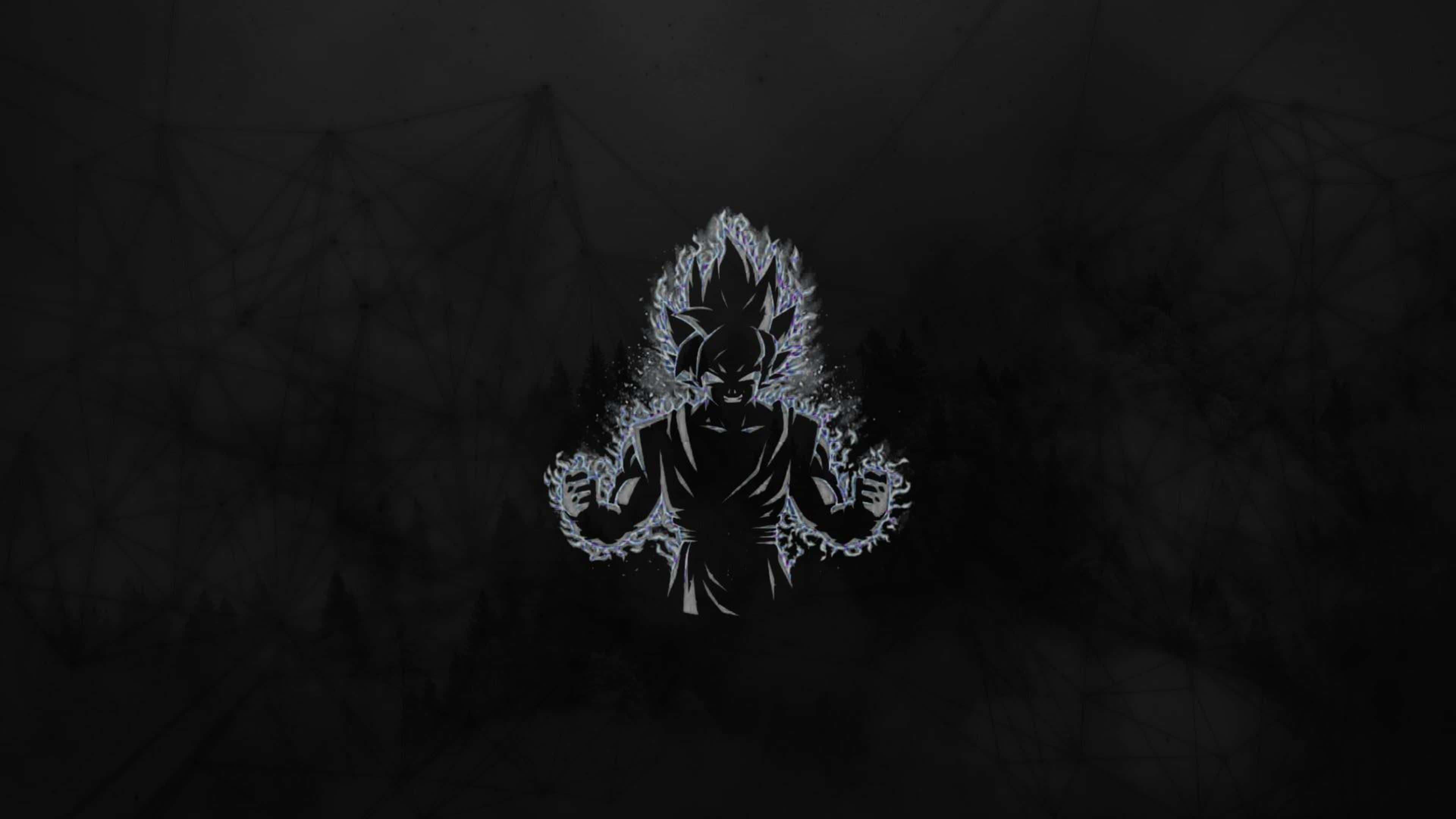 Goku Black 4K 桌布 壁紙 — 一個發光的白色剪影，一個尖刺頭髮的動漫戰士帶有能量光環，站在黑暗的幾何網絡背景前。