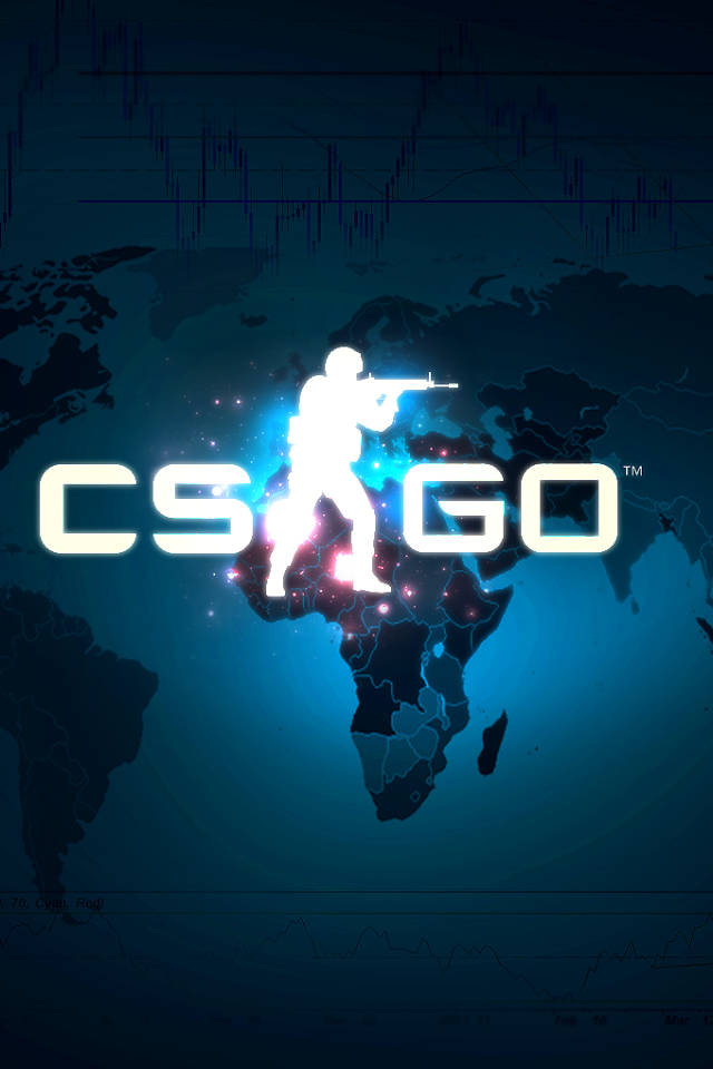 cs go iPhone 桌布 壁紙 — 一個發光的白色剪影，描繪CS:GO玩家在藍色世界地圖和股票市場圖表上瞄準步槍。