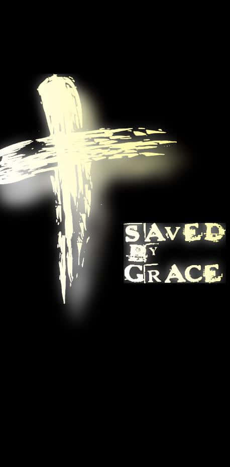 grace 桌布 壁紙 — 一個發光的白色十字架，帶有紋理筆觸，在黑色背景上散發光芒，並帶有磨損字體的'SAVED BY GRACE'文字。