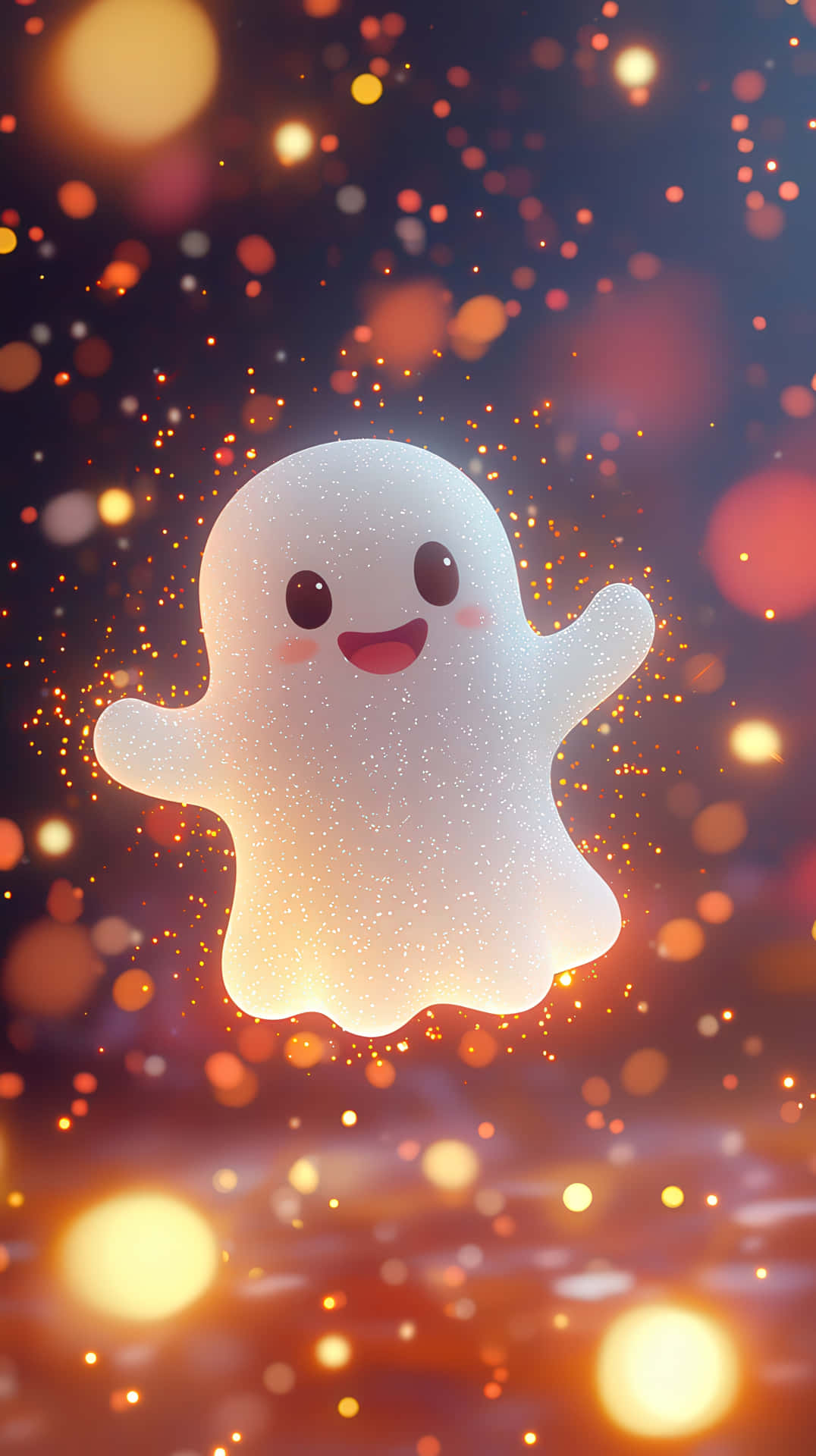 Cute glowing ghost floating with magical sparkles in a fantasy night scene 壁紙 — 一個發光的白色卡通鬼魂帶著開心的笑容，漂浮在溫暖的金色散景燈光中，背景是黑暗的。