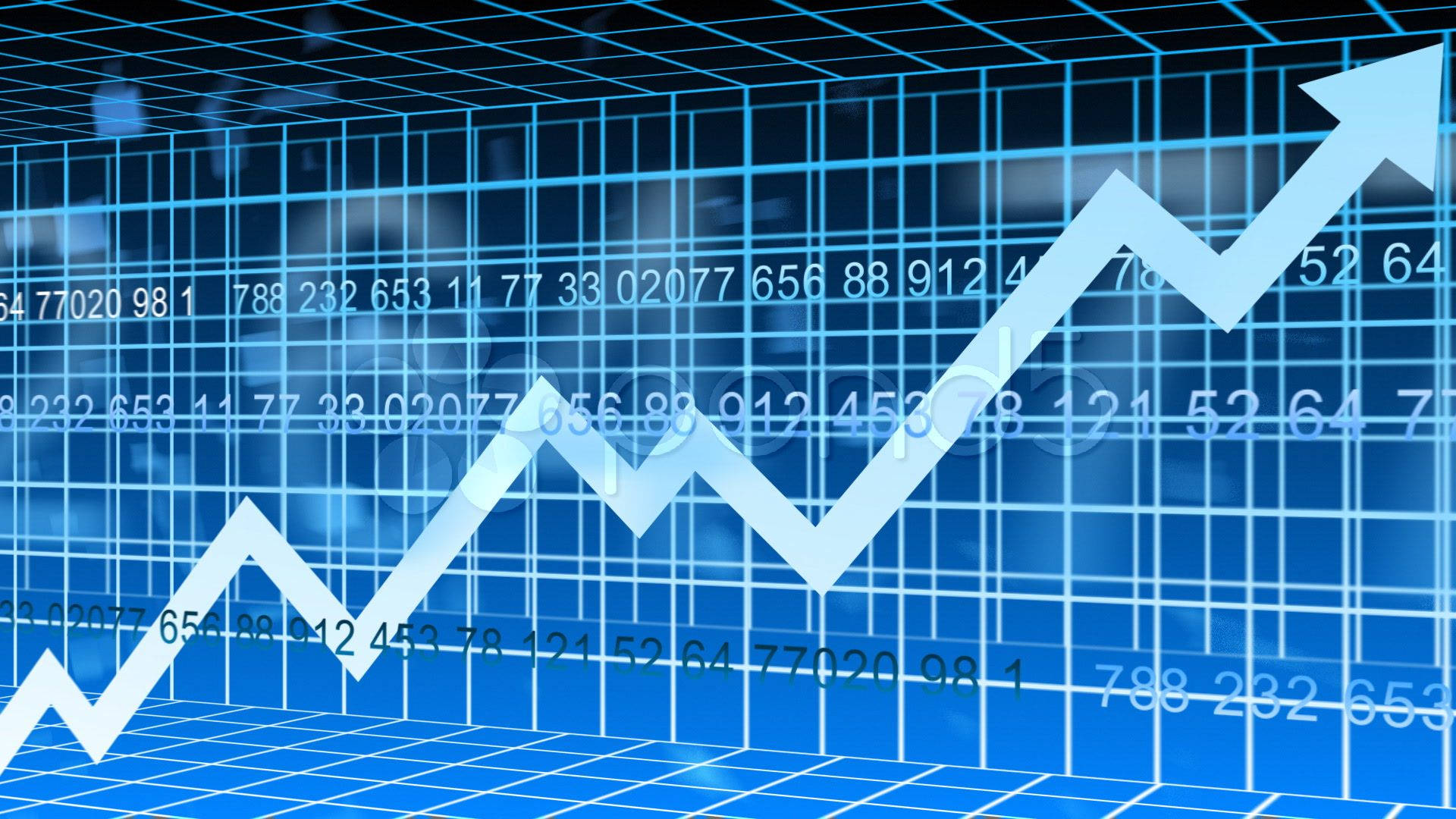 Market 桌布 壁紙 — 一個發光的白色向上箭頭圖表主導了帶有浮動金融數字的藍色網格背景。