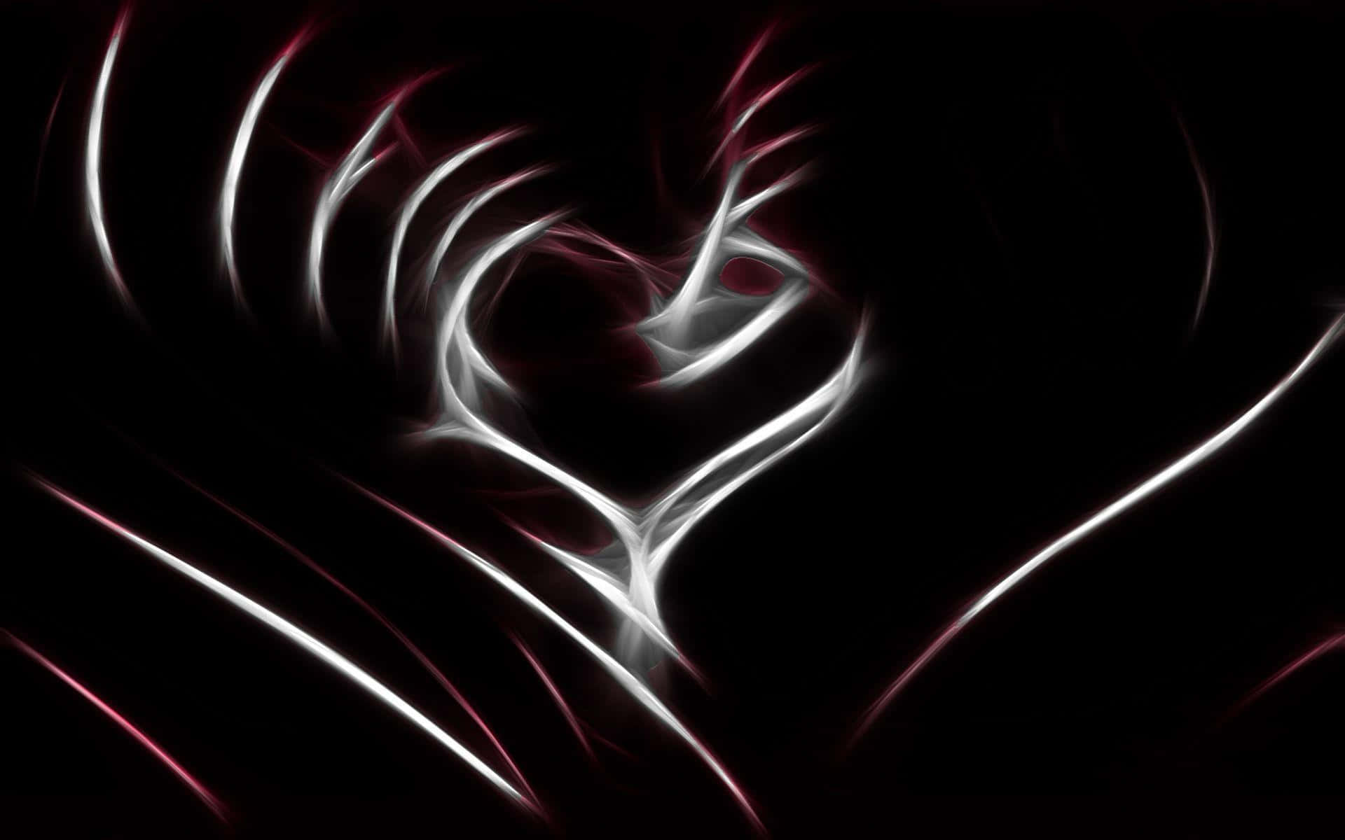 Dark Love 桌布 壁紙 — 一個發光的白色和紅色碎形心臟在深黑色背景上旋轉，帶有輻射光條。