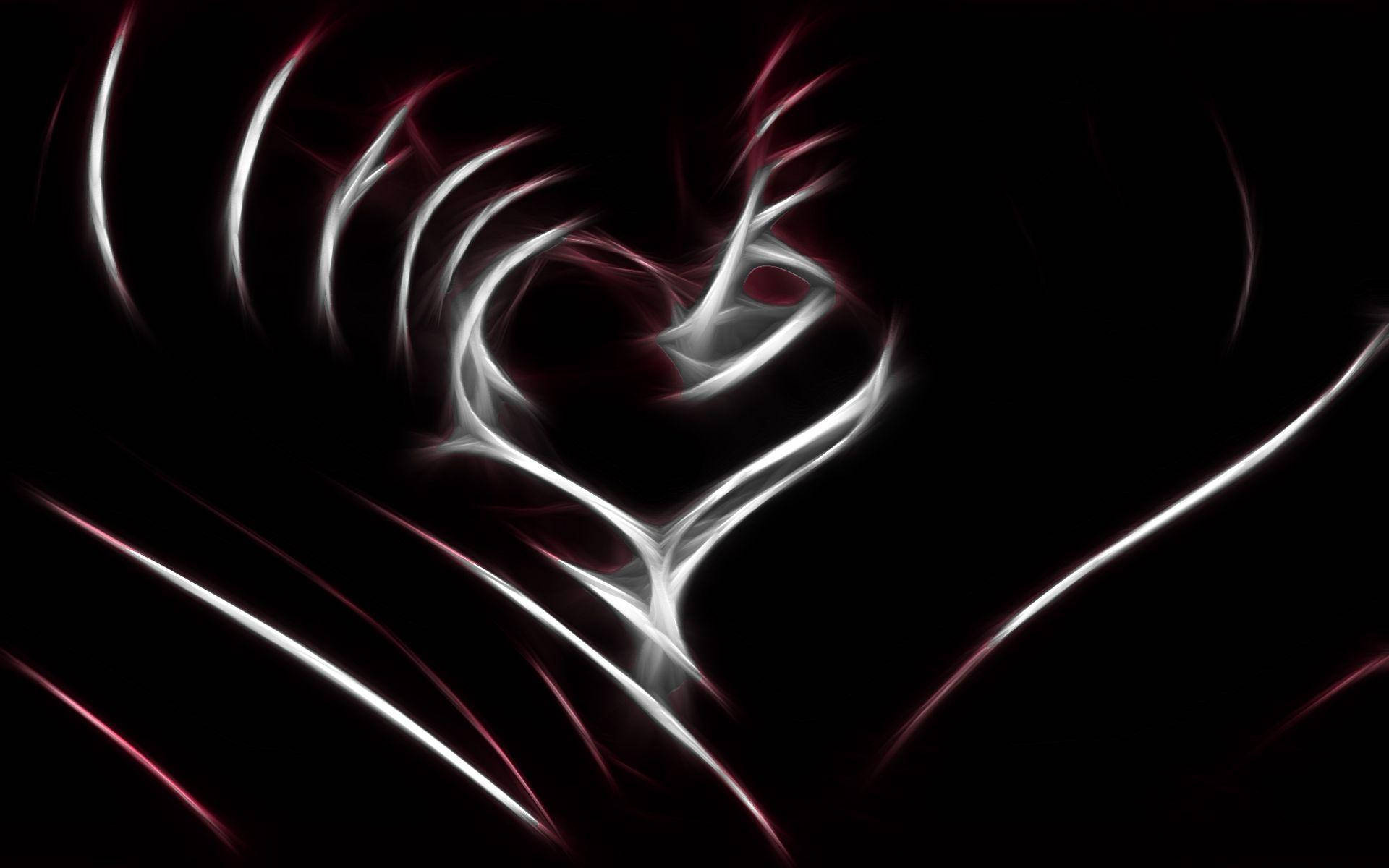 Dark Heart 桌布 壁紙 — 一個發光的白色和紅色碎形心臟在深黑色背景上旋轉，帶有輻射能量線。