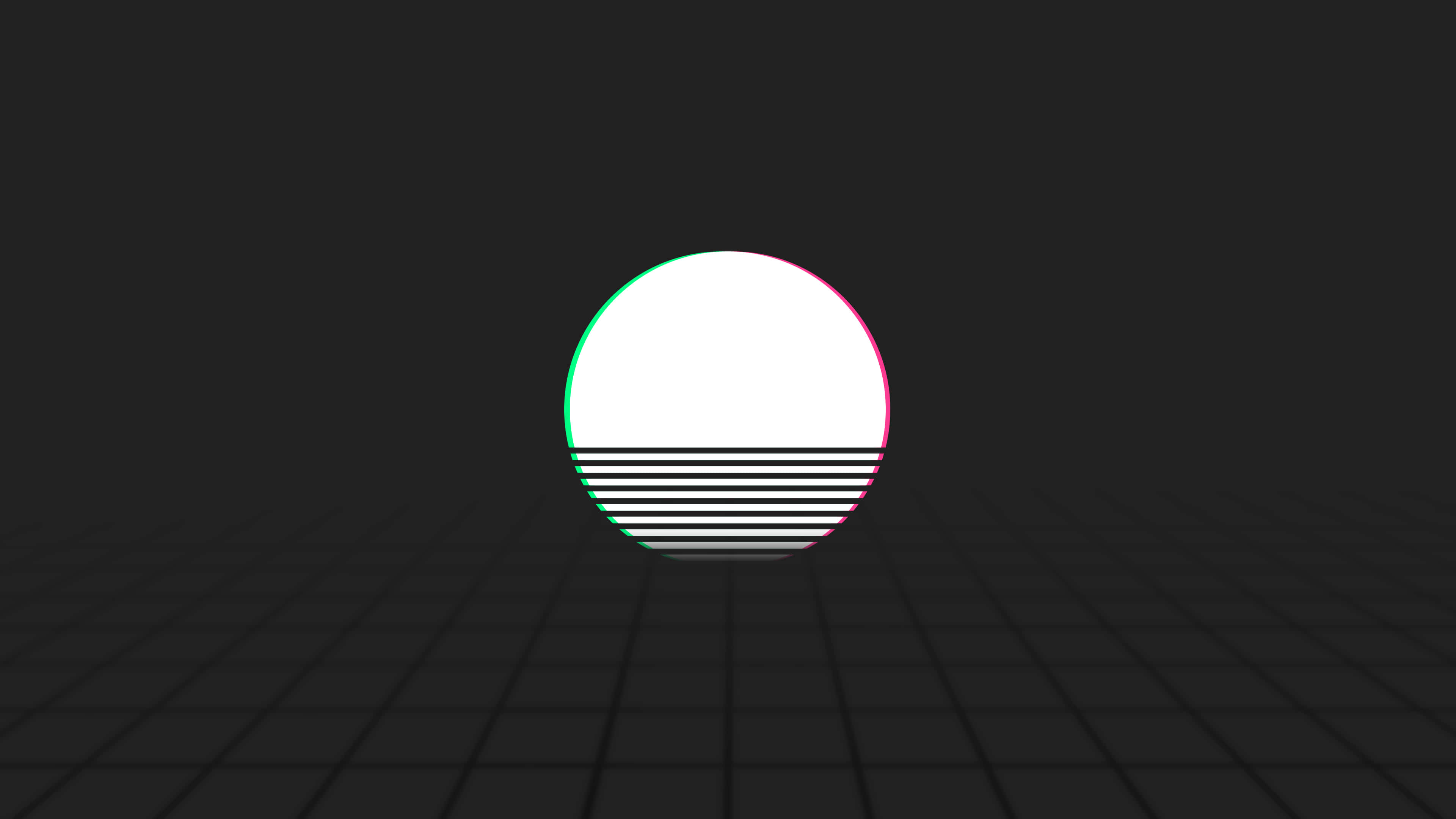 Minimalist Black And White 桌布 壁紙 — 一個發光的白色圓圈帶有黑色條紋和色差，位於黑暗的網格地板上，呈現極簡數位場景。