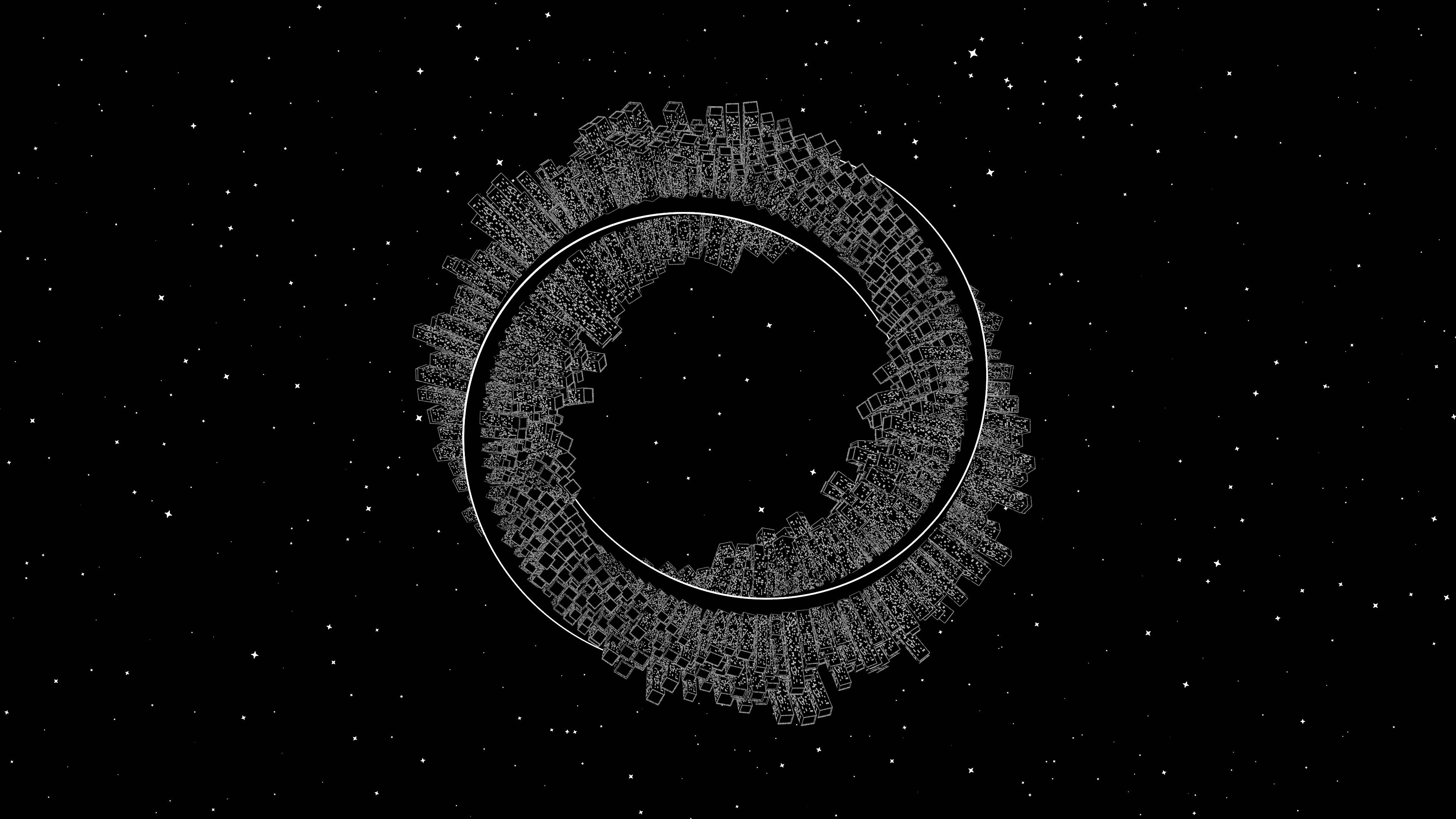 Illusion 桌布 壁紙 — 一個發光的白色圓形城市景觀漂浮在繁星點點的黑色虛空中，在宇宙中形成一個未來主義的環。