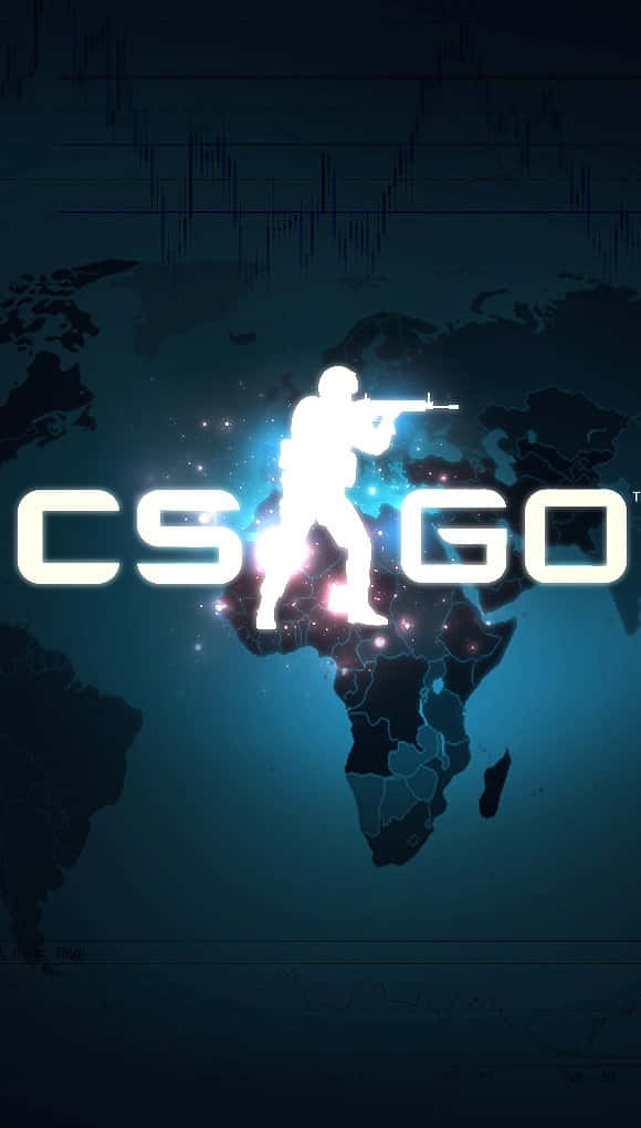 Android Counter-strike Global Offensive 桌布 壁紙 — 一個發光的白色士兵瞄準步槍的剪影，站在深藍色世界地圖上，帶有 'CS GO' 文字。
