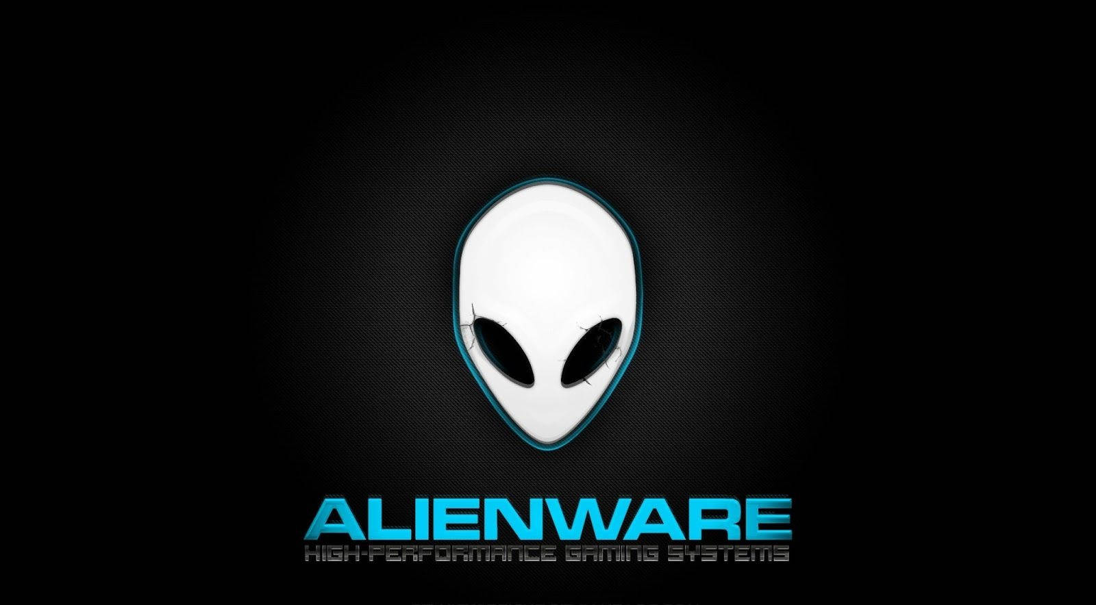 white alienware 桌布 壁紙 — 一個發光的白色外星人頭標誌，帶有藍色輪廓，居中在深色紋理背景上，下方有藍色Alienware文字。