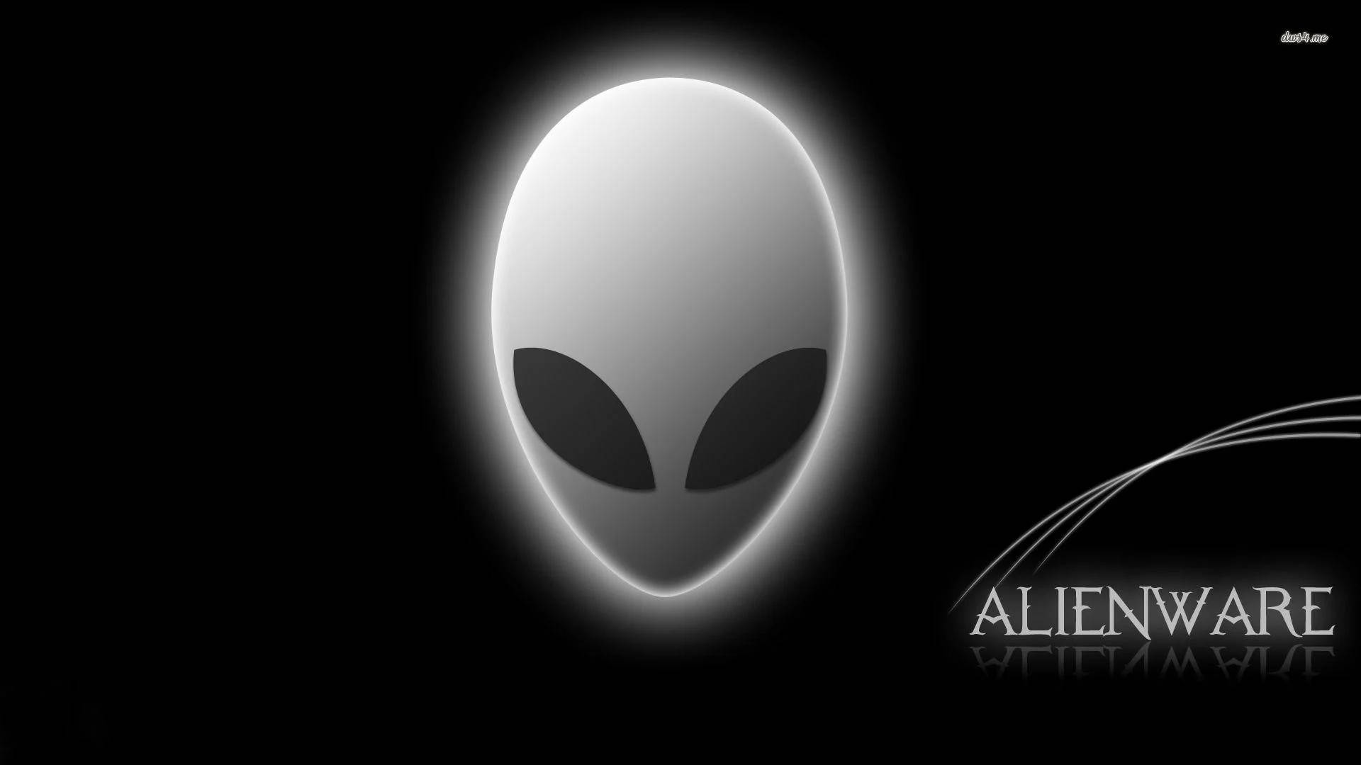 white alienware 桌布 壁紙 — 一個發光的白色外星人頭部，帶有黑色眼睛，漂浮在黑色背景上，並帶有 'ALIENWARE' 文字。