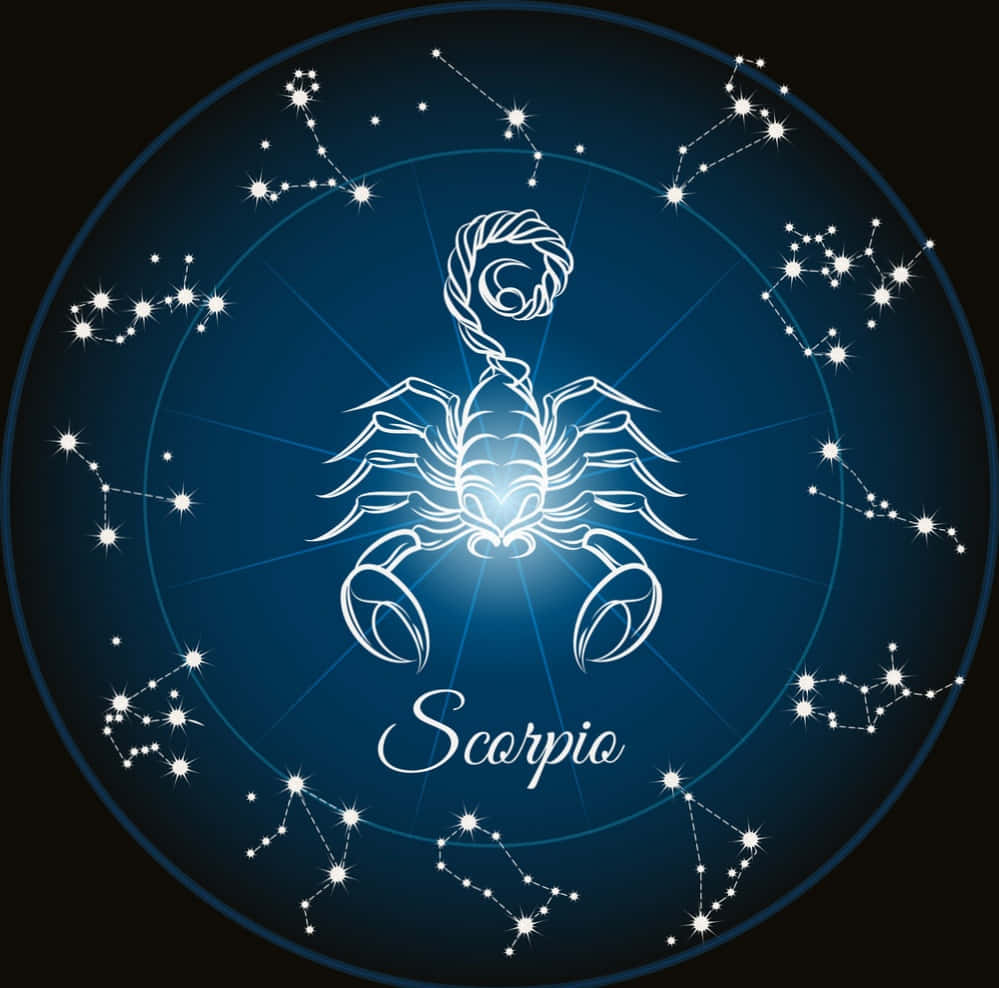 Scorpio 桌布 壁紙 — 一個發光的白色天蠍座星座插圖，居中在深藍色圓形背景上，帶有星星圖案。