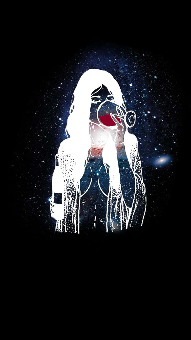Sad Tumblr 桌布 壁紙 — 一個發光的白色女性長髮剪影，背景是星空宇宙，帶有紅色吹嘴。