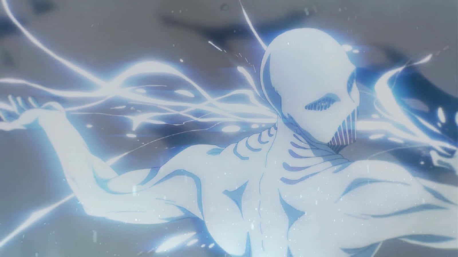War Hammer Titan 桌布 壁紙 — 一個發光的白色巨人，帶有骨骼標記和流動的能量條紋，背景為深色。
