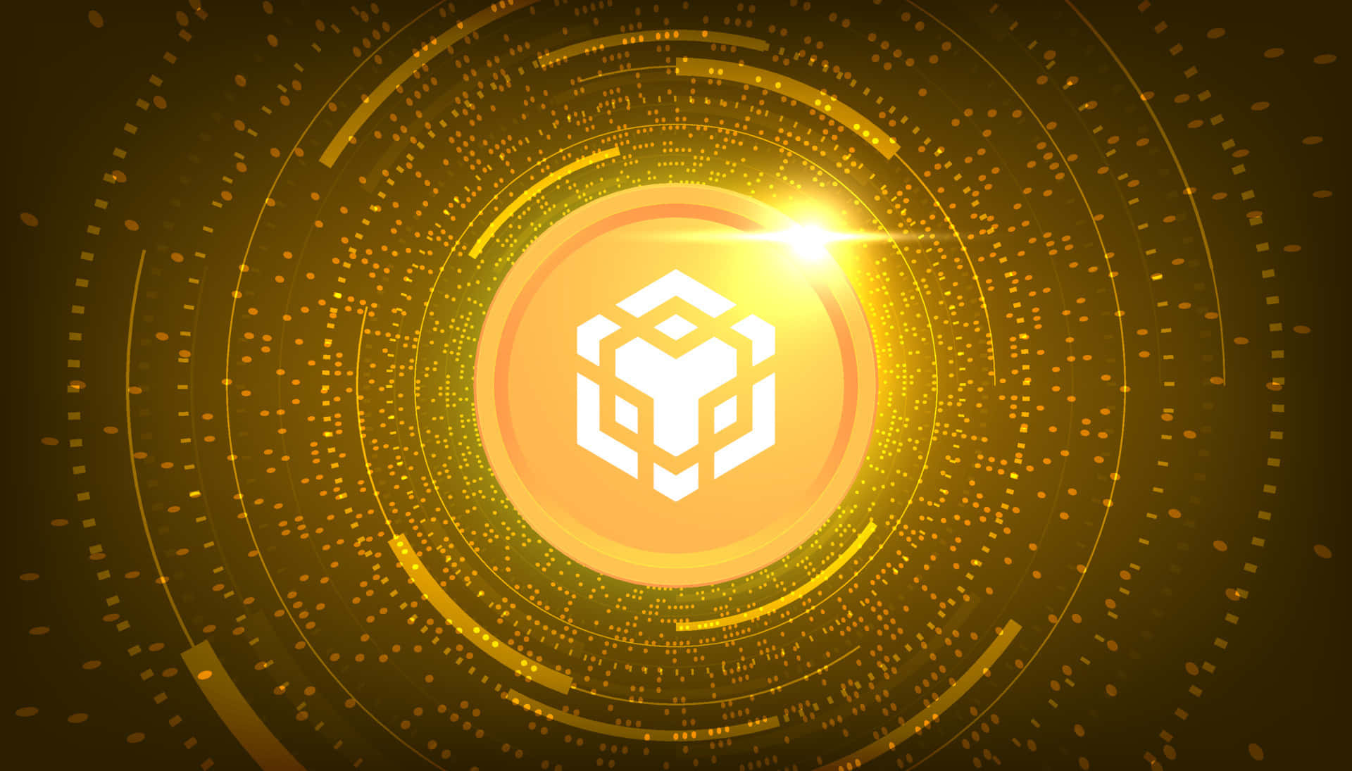 Binance 桌布 壁紙 — 一個發光的白色幾何標誌在深琥珀色背景上的同心金色數位環中心脈動。