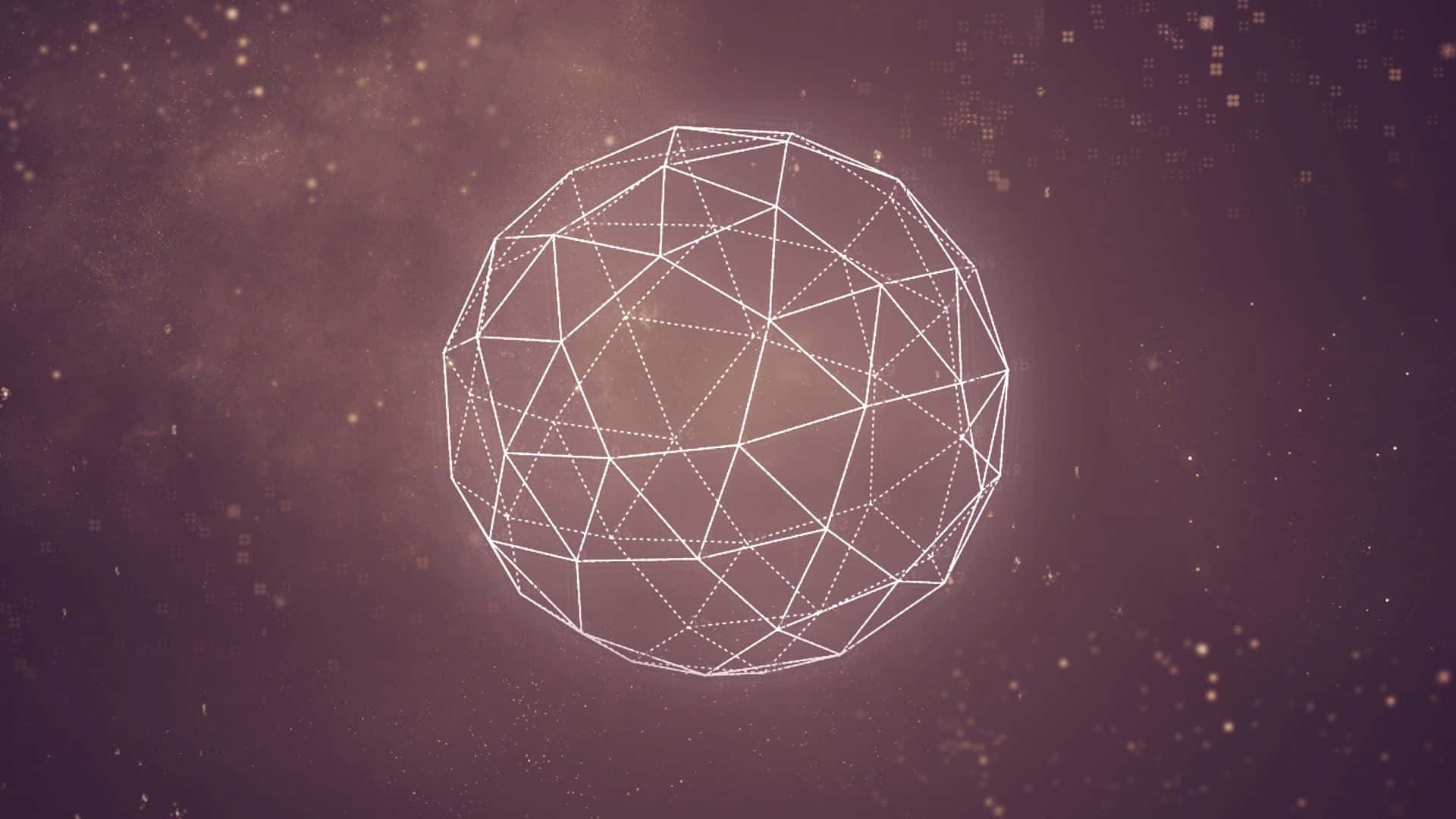 Minimalist Geometric 桌布 壁紙 — 一個發光的白色幾何球體漂浮在繁星點點的紫色宇宙背景中，並有浮動粒子。