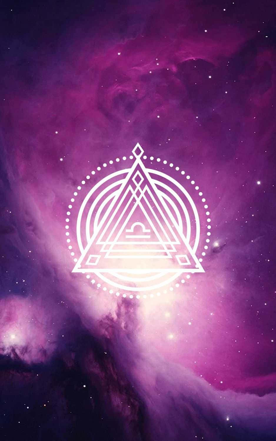 桌布 壁紙 — 一個發光的白色幾何符號漂浮在一個點綴著星星的旋轉紫色星雲上。