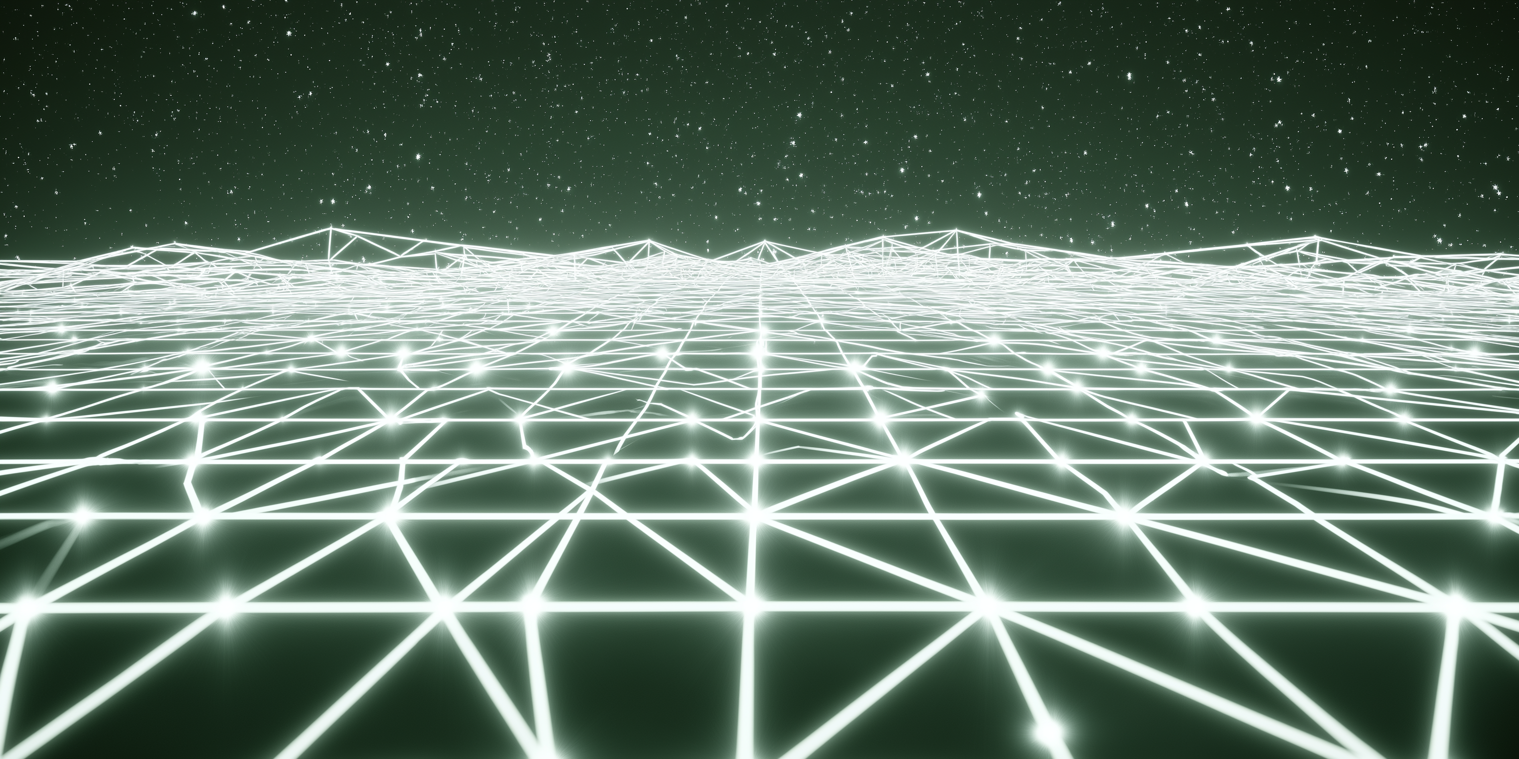 Digital 桌布 壁紙 — 一個發光的白色幾何網格在黑暗的星空綠色天空中延伸，創造出未來感的數位景觀。