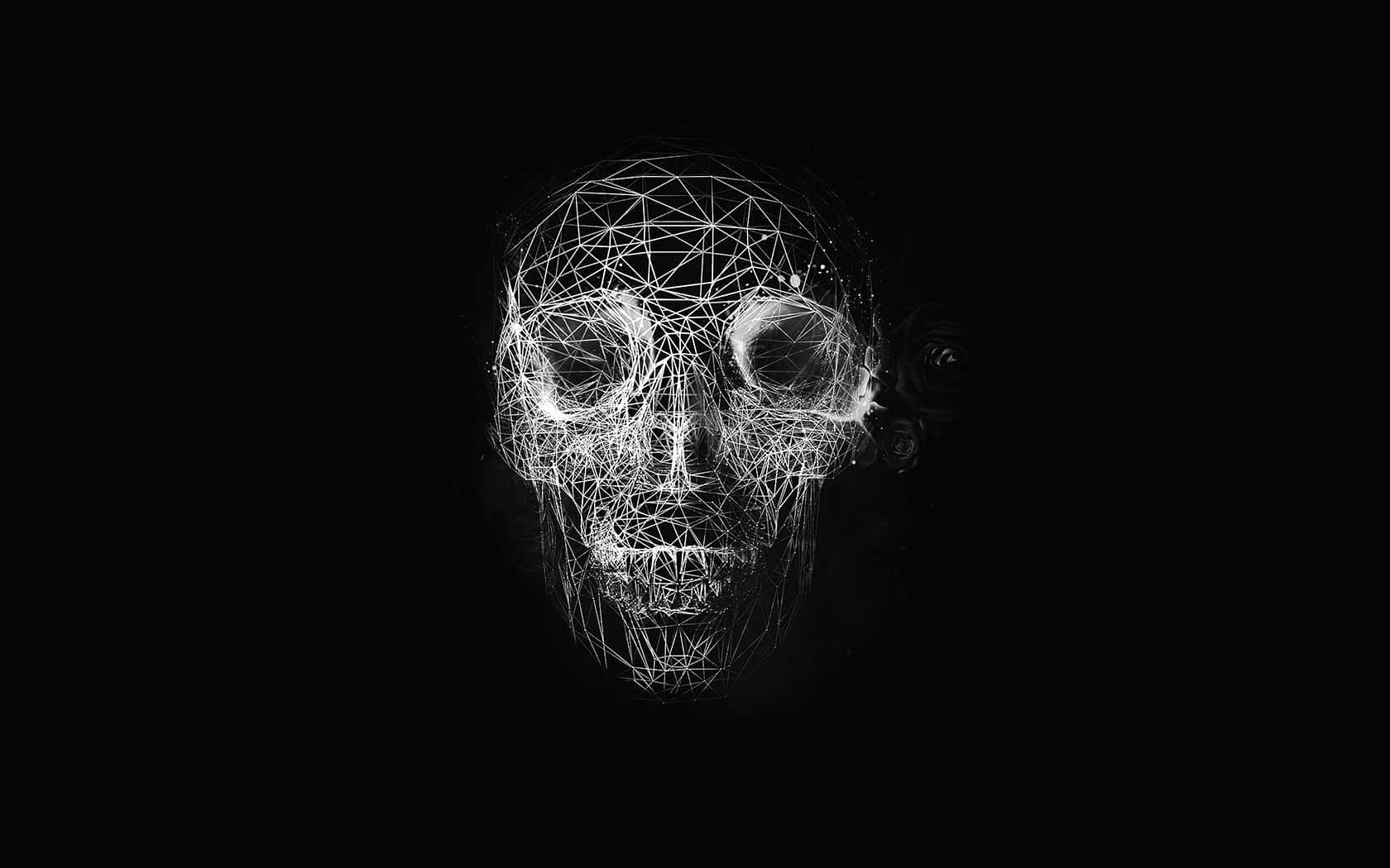 Dark Abstract Art 桌布 壁紙 — 一個發光的白色幾何線框骷髏頭漂浮在純黑色的虛空中，散發著數位詭異感。