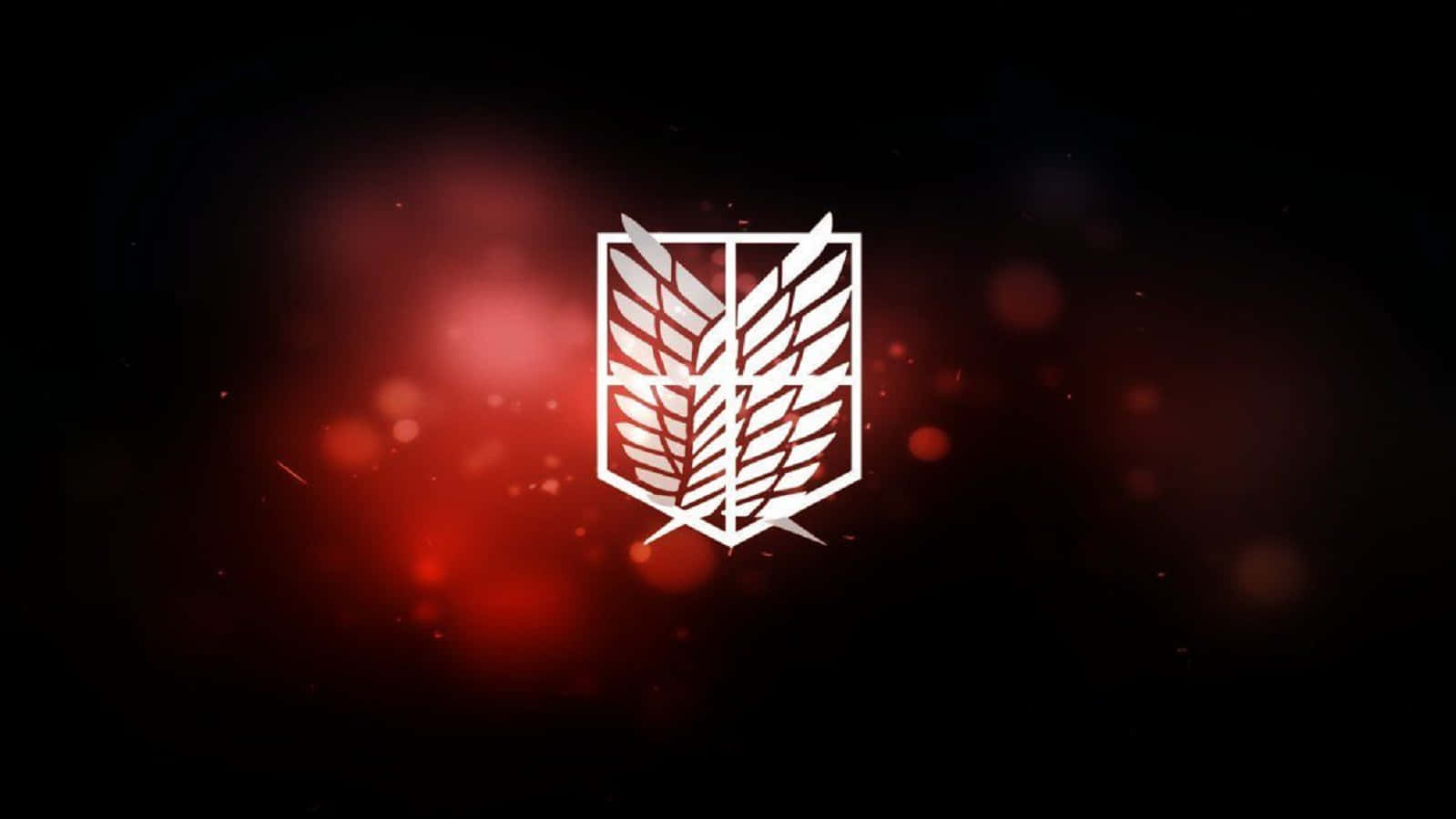 Survey Corps 桌布 壁紙 — 一個發光的白色徽章，帶有交叉的翅膀和一把劍，在深紅色散景背景上脫穎而出。