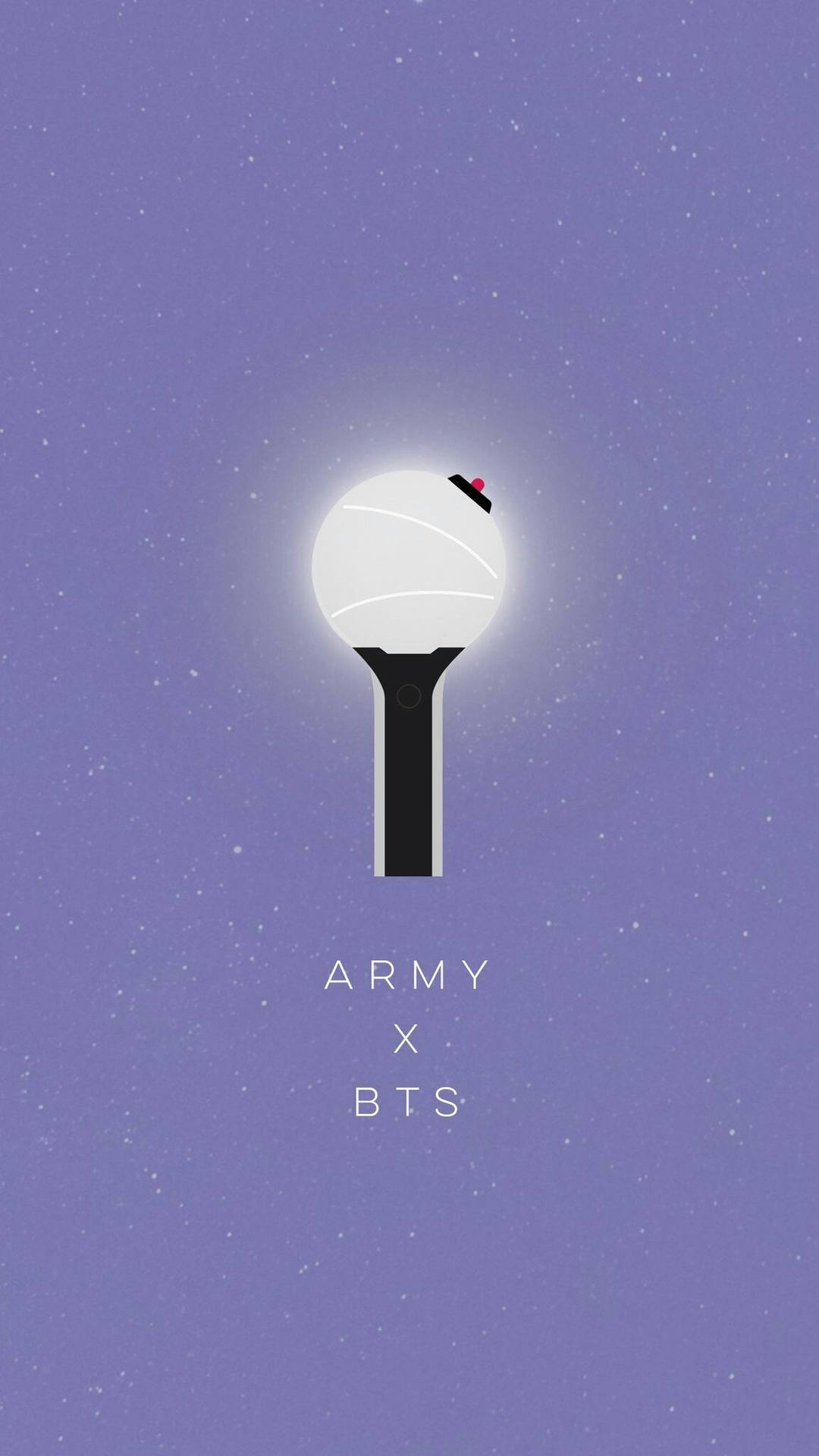 一個發光的BTS應援棒，帶有紅色愛心，在佈滿星星的紫色天空上，並有「ARMY x BTS」文字。 — BTS ARMY GIF 壁紙
