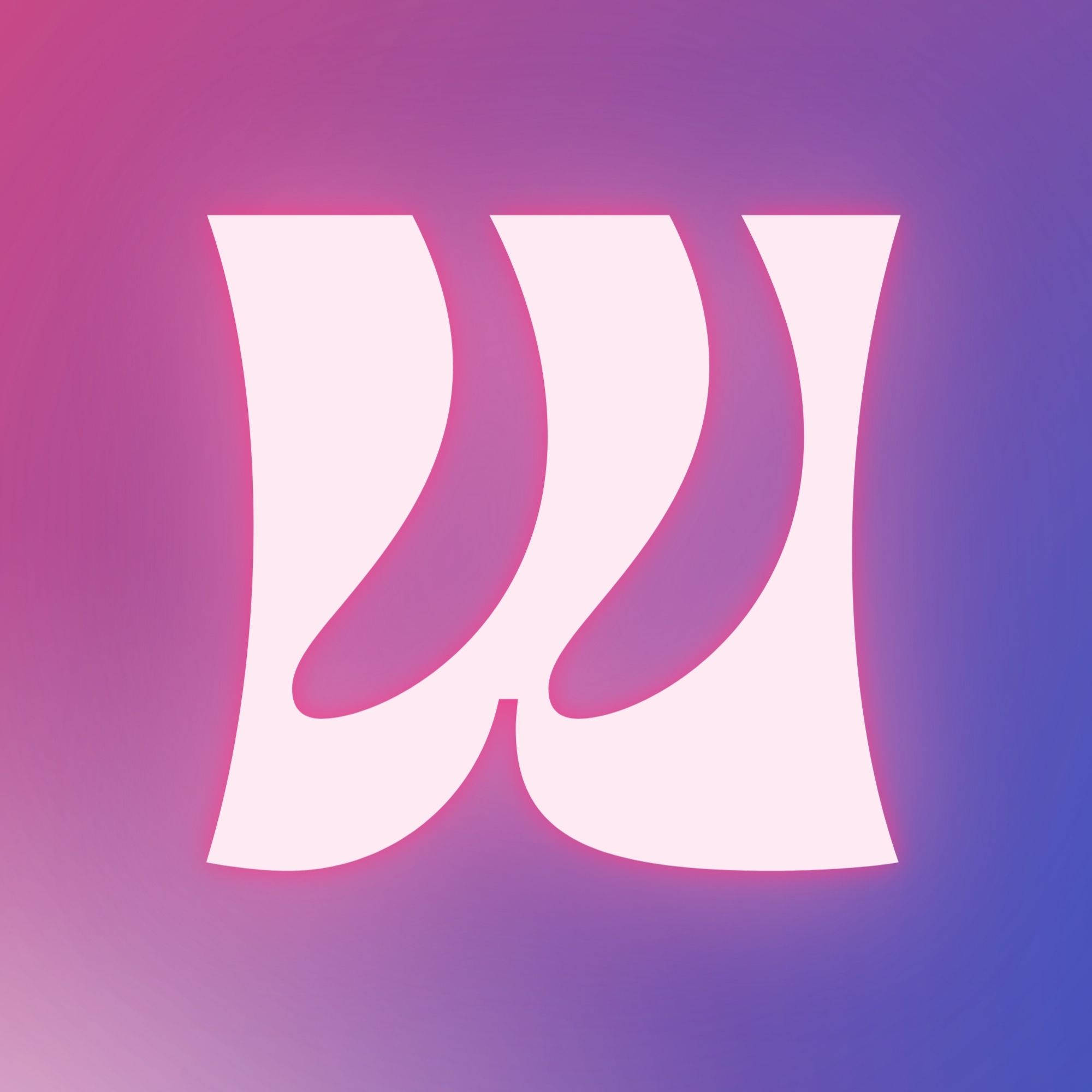 W 桌布 壁紙 — 一個發光的白色抽象標誌，帶有彎曲形狀，置於柔和粉紅到紫色漸變背景上。